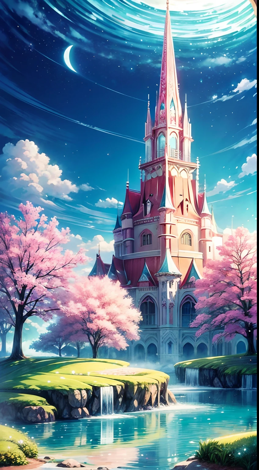 Envision a mesmerizing scene of a magnificent realm of romantic dreams. The environment is filled with intricate floating islands, fluffy clouds, waterfalls cascading from the floating islands, and a vibrant, surreal atmosphere. The atmosphere is filled with a sense of wonder and tranquility. Include many shades of pink in the image along with other vibrant jewel-toned hues. This scene will be depicted in an anime-style illustration, with soft lines, pastel colors, and a whimsical touch. All buildings are extremely detailed and elegant. The artwork will capture the ethereal beauty and tranquility of the dreamlike realm, creating a sense of harmony and escape from the ordinary world. Include teal water, colorful watercolor skies, glowing elements, and many small fantasy details including iridescence, expertly created majestic landscapes, and shimmer and glimmer. Above all else, this should look like a fantasy artwork.