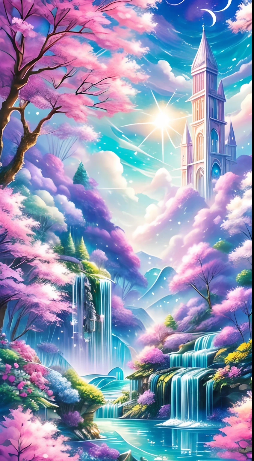 Envision a mesmerizing scene of a magnificent realm of romantic dreams. The environment is filled with intricate floating islands, fluffy clouds, waterfalls cascading from the floating islands, and a vibrant, surreal atmosphere. The atmosphere is filled with a sense of wonder and tranquility. Include many shades of pink in the image along with other vibrant jewel-toned hues. This scene will be depicted in an anime-style illustration, with soft lines, pastel colors, and a whimsical touch. All buildings are extremely detailed and elegant. The artwork will capture the ethereal beauty and tranquility of the dreamlike realm, creating a sense of harmony and escape from the ordinary world. Include teal water, colorful watercolor skies, glowing elements, and many small fantasy details including iridescence, expertly created majestic landscapes, and shimmer and glimmer. Above all else, this should look like a fantasy artwork.