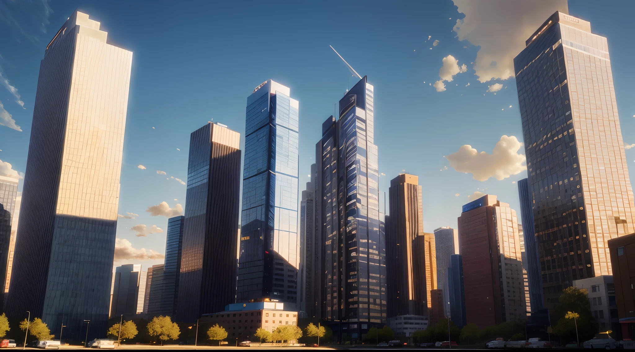 city buildings background, evening end, blue sky, 4k