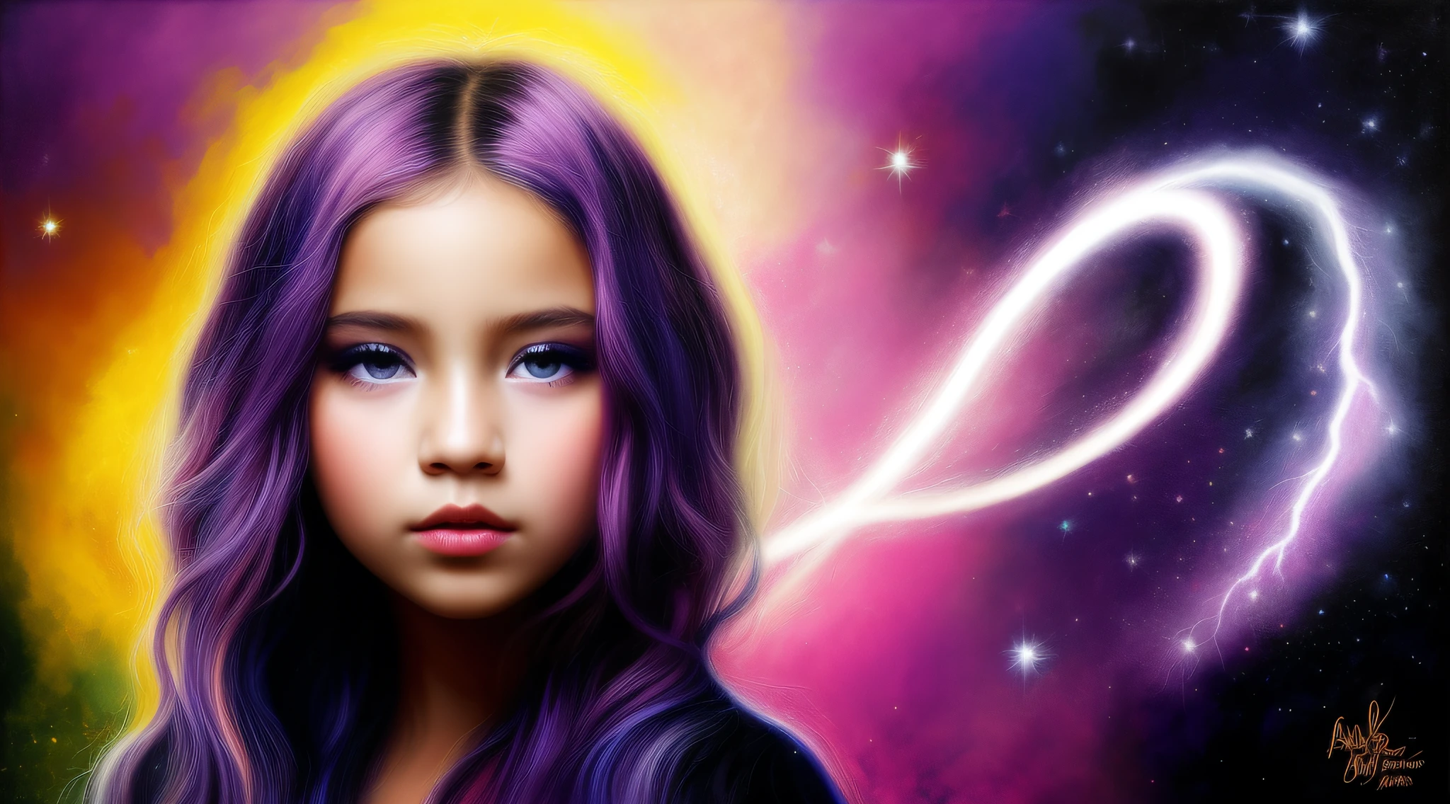 A closeup of a child with purple hair and blue eyes, little girl with magical powers, cabelos eletrificados, electric hair, lightning fantasy magic, arte digital fantasia, Arte digital alucinante, arte de fantasia digital ), painting digital adorable, portrait of magical young girl, airbrush digital art, bela arte digital, lindo arte digital, arte digital muito bonita, arte digital de fantasia