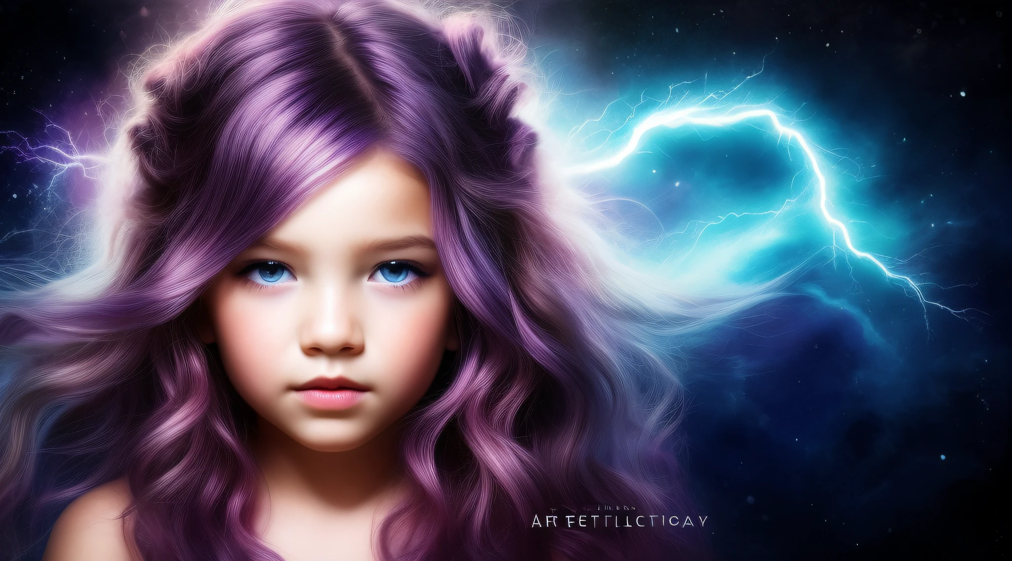 A closeup of a child with purple hair and blue eyes, little girl with magical powers, cabelos eletrificados, electric hair, lightning fantasy magic, arte digital fantasia, Arte digital alucinante, arte de fantasia digital ), painting digital adorable, portrait of magical young girl, airbrush digital art, bela arte digital, lindo arte digital, arte digital muito bonita, arte digital de fantasia