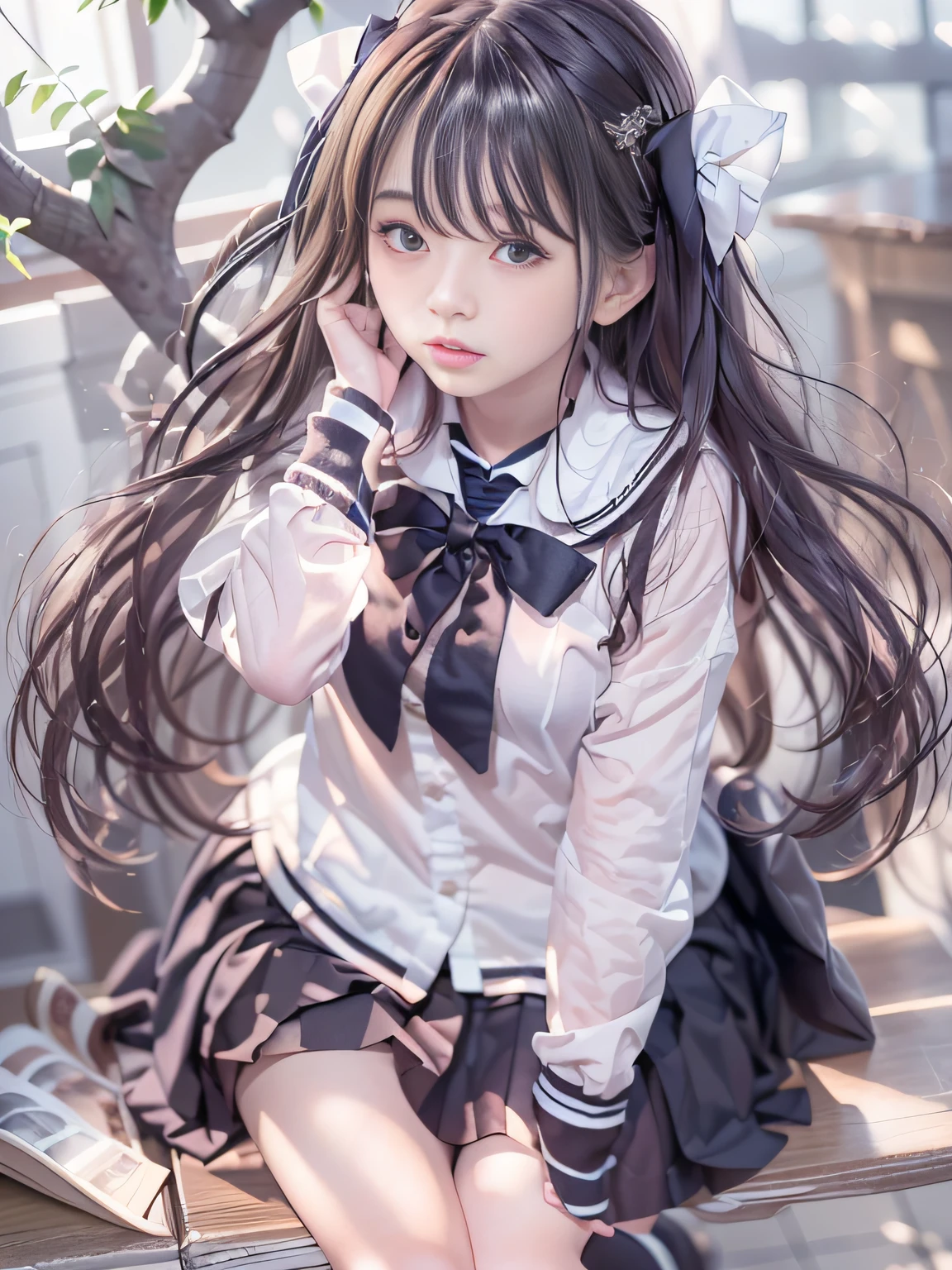 retinas, masutepiece, ccurate, Anatomically correct, Textured skin, Super Detail, high details, High quality, awardwinning, Best Quality, hight resolution, Close up of girl in 8k dress and shirt, loose coat collar sailor uniform, thin head,magical school student uniform, japanese girl school uniform, , Cute dress, katelynn mini cute style, dressed with long fluent clothes, School uniform, magic school uniform, black and white clothes, Stylish dress, school girl in gothic dress, Black Quick, Elegant clothes,((small tits,Thin leg,skinny thigh)),slim figure,extremely detailed eye and face、beatiful detailed eyes,Beautiful skins,finely detail、Very smooth hair，detailed hairs，Very fine hairs，Young shiny hair，(Knee-length skirt:1.7),((skirt rift:1.6)),1girl in,small tits,Thin leg,独奏,Wearing underwear,Smaller face,realistic facial expression,(Face to feel:1.6),Enchanted,Nasty look,(o-face:1.4),Functional,milky skin,Soft lips,Raw photo,Expression in love,Shyness,Longing for love,Sex appeal in girls,The smell of sex appeal,Color makeup，Lowered eyebrows、Whitening effect，Soft lighting，Backgrounds suitable for students，