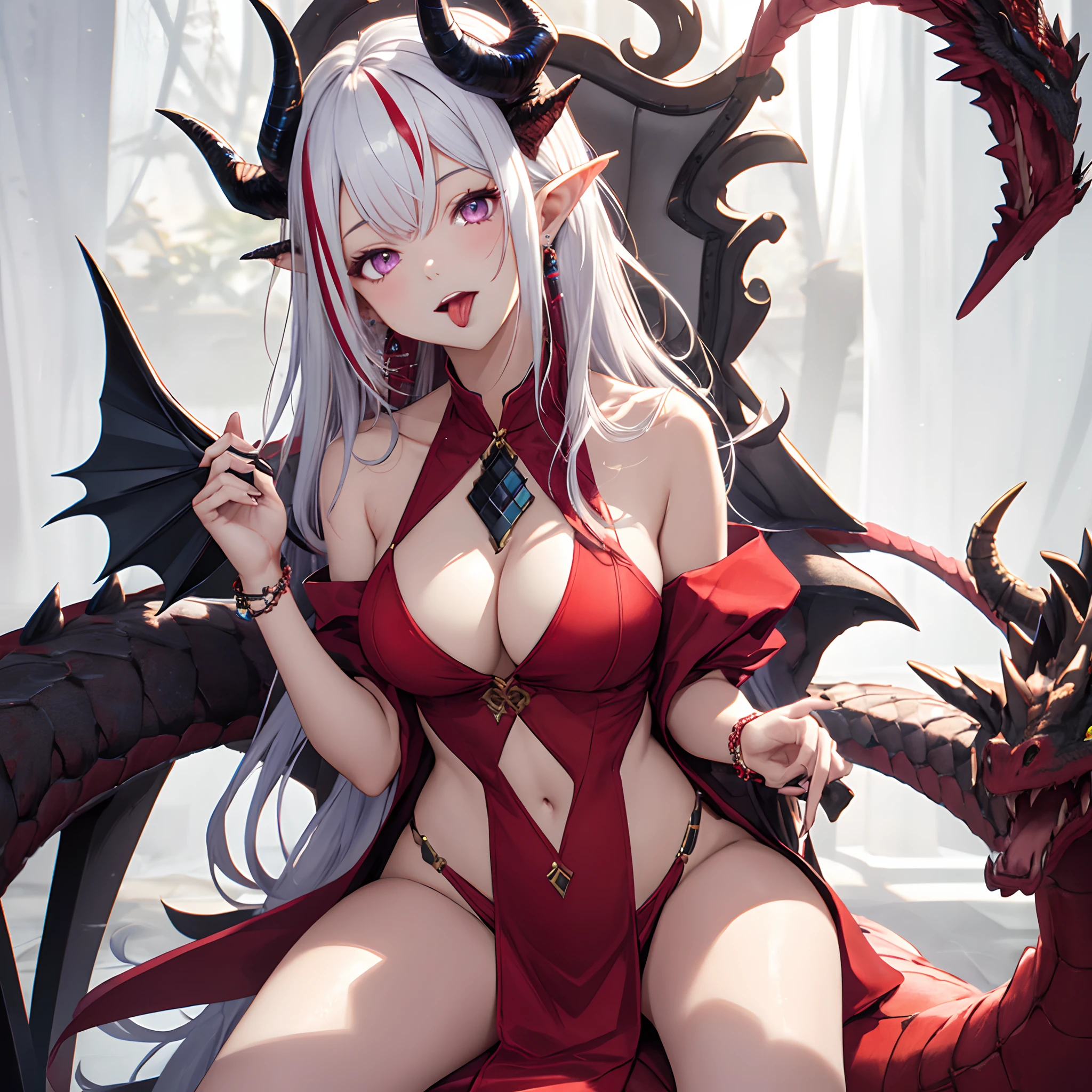 nian hairstyle, outfit-nian, 1girl, nian \(arknights\), solo, horns, tail, purple eyes, breasts, bead bracelet, beads, pointy ears, white hair, looking at viewer, hand fan, folding fan, holding, kneeling, red hair, multicolored hair, streaked hair, dragon tail, large breasts, dragon horns, bare shoulders, holding fan, head tilt, colored skin, red skin, chair, folded fan, thighs, earrings, dragon girl, covered navel, tongue out, tongue