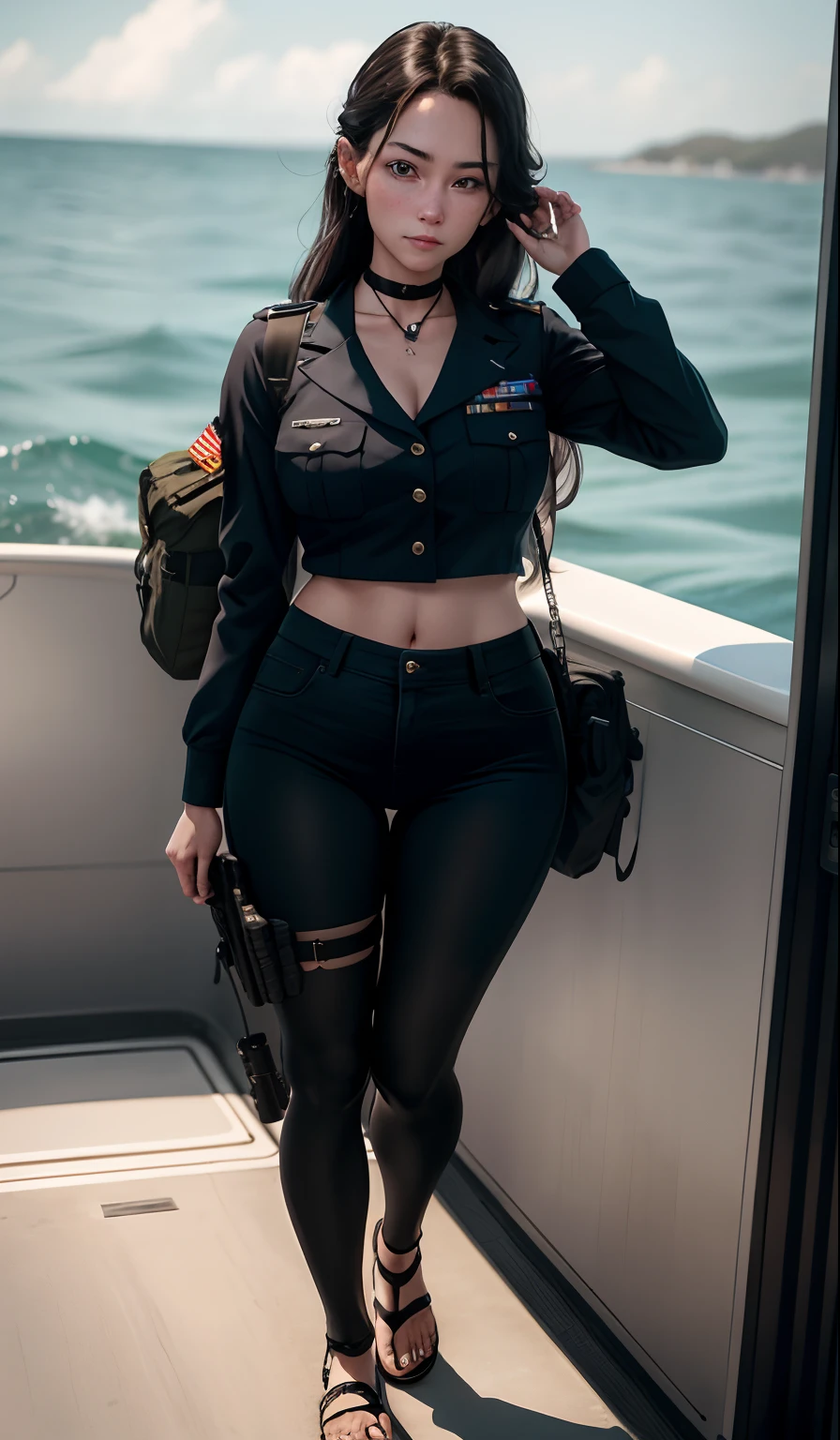 4K，realisticlying，satirize，Very meticulous，There was a girl on the big boat，She is a Marine Combat Girl，Marine theme，The clothes are soft，Grow long hair，wearing pants，25 age old，full bodyesbian，Wearing black stockings，Wear sandals，choker necklace，Shy face