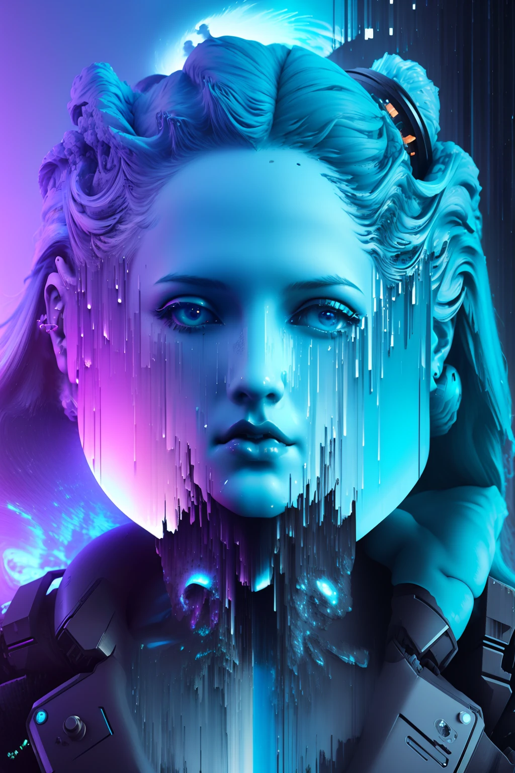 pixel sorting, very pretty female cyberpunk robot emerged in eternal tera stream of everlasting data flowing through infinite light dispersion loop in the world of chaotic undulation optical illusions, celestial outerworld, lut, hdr, dramatic light, digital art, redshift render, raytraced image, behance hd