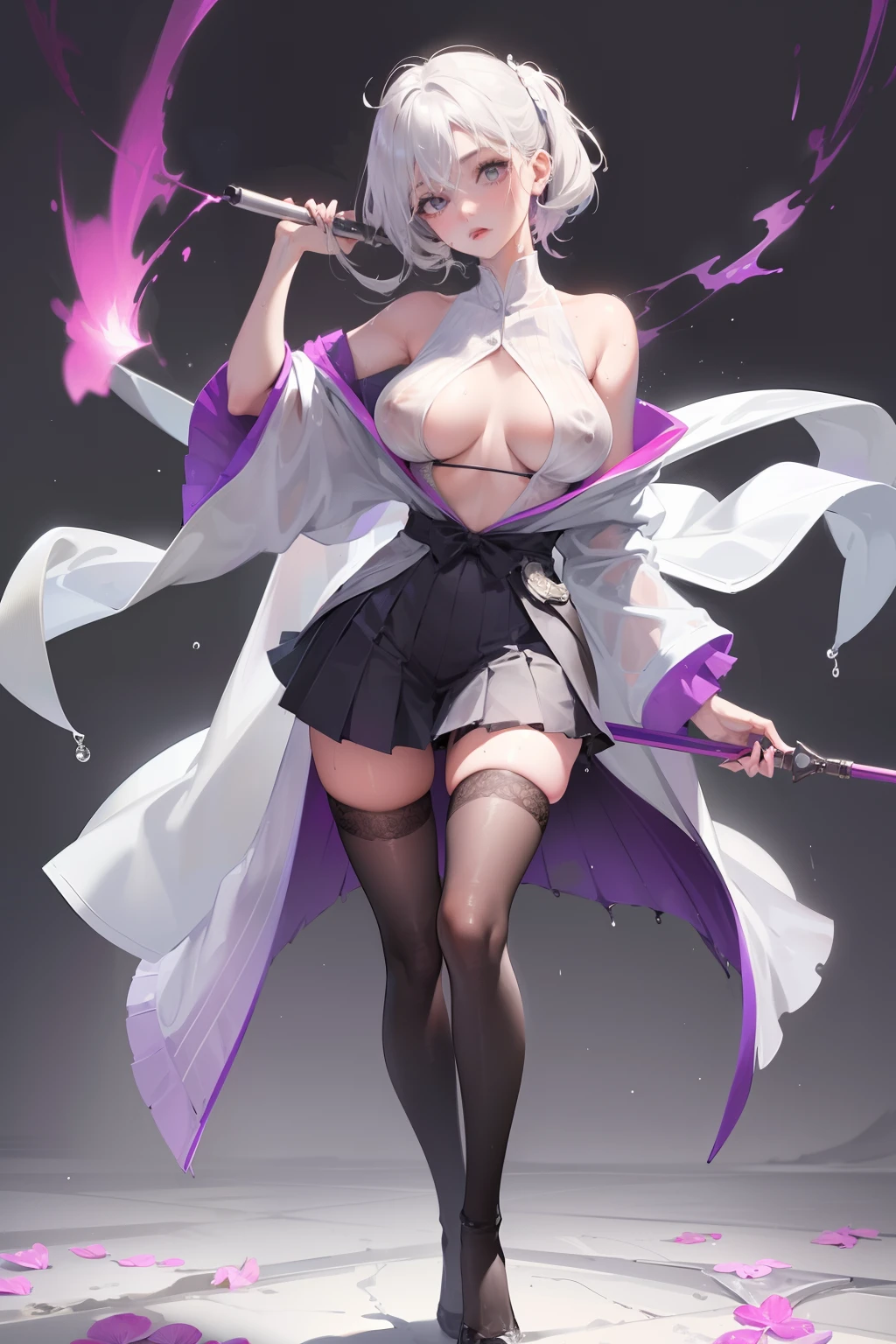 (Girl in purple wet kimono shirt-dress and light gray tight pleated slim skirt), (((black)) stockings), decollete, see-through, cute, zettai ryouiki, white hair, full body, bra, slim body, slim girl model, 24-year-old female model, lying on table, ((wet)), (((standing nipples under cloth))), portrait, most realistic, highest quality, best pixels, 8k ultra