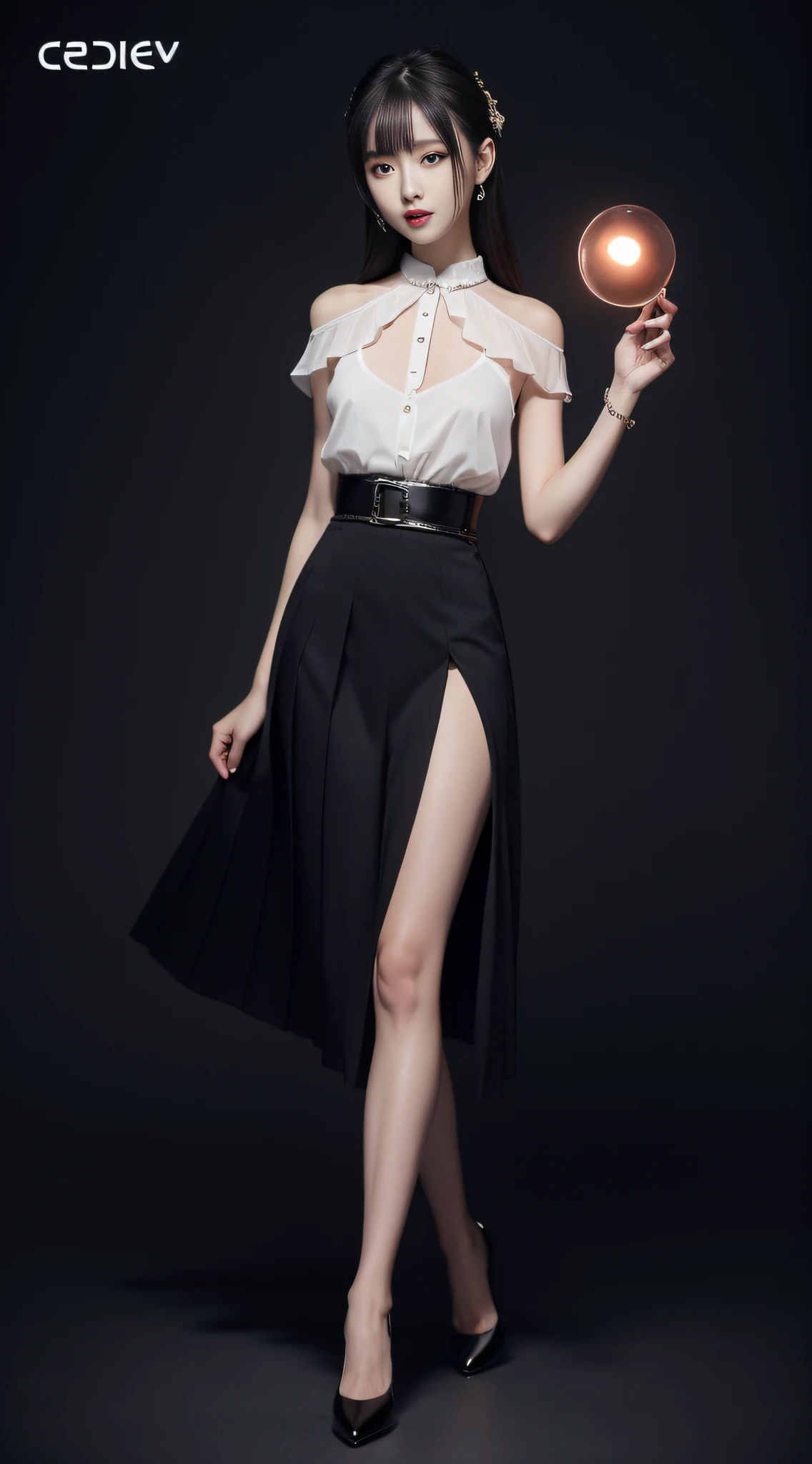 Charming beauties、A bracelet、White blouse、Black pleated skirt、high-heels、charming oval face、二重まぶた、Clear eyes、red lipsticks、Beautiful thin legs、toned ankles、The ultra -The high-definition、The ultra-detailliert、Elegant standing figure、Create a slender lower body curve、Expressing adult femininity、top-quality、8K、ultra-detailliert、soio、9 head body、Night、Move ki、The Darkness、seductiv、brainwashed、Evil Fall、Blackening、dark、Dark