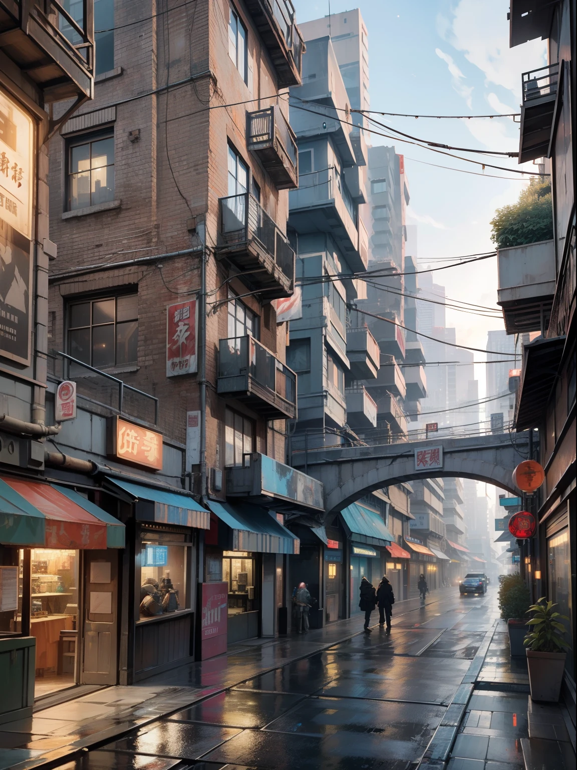 Cyberpunk city from sci-fi movie, empty street, night, chinoiserie buildings, bridge, old shop, irregular, circuit boards, wires, intricate, super detailed, realistic, hyper realistic, high quality, best, super detail , crazy detail, very detailed, photorealistic, epic composition, best quality, 32k --v 6