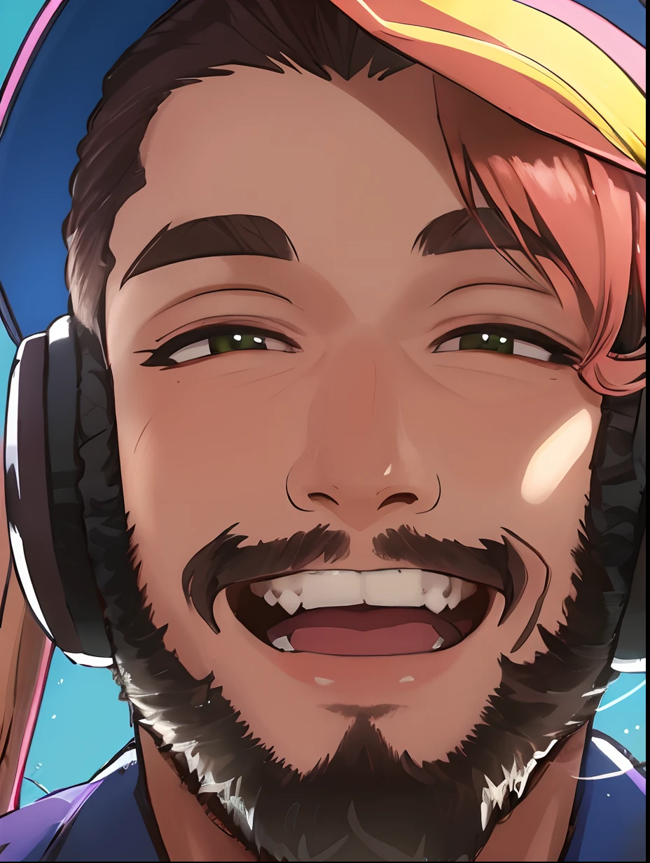 Smiling man with headphones on a plane with a remote control, um quadro inspirado em Anthony Angarola, Reddit, Hurufiyya, Streamer do Twitch / Jogador Ludwig, neckbeard, Foto de perfil do headshot, Vinny de Vinhinha, Streamer do Twitch, Sorriso doentio, Vinny Vinny Molho, muito ligeiramente sorridente, halfbody headshot, he's smiling, Jody Highroller, anime, muito bem desenhado