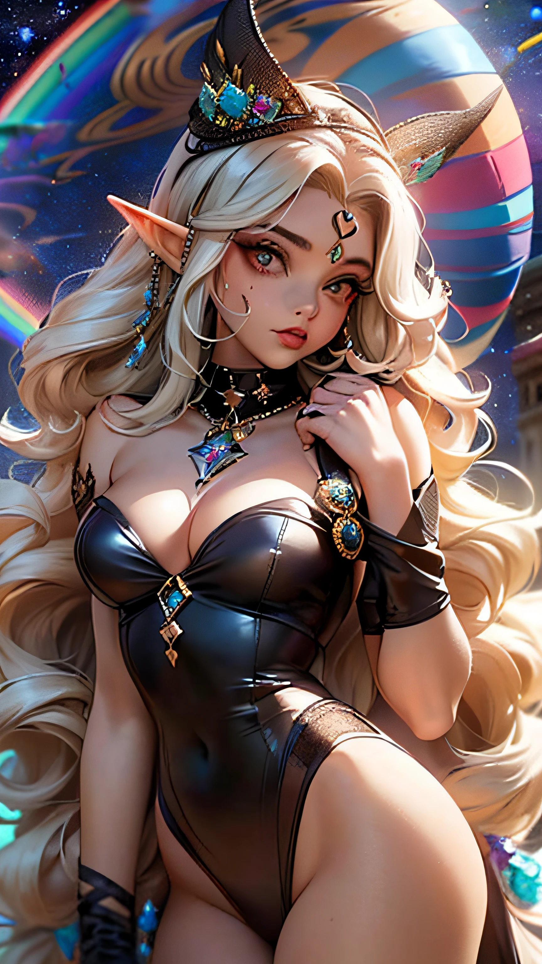 (desfoque de movimento), ((delicate hand, ultra detalhada)), (dedos super detalhados), (obra-prima: 2.4, melhor qualidade: 3.2), large eyelashes, ((rainbow hair)), ((((orelhas de coelho)))), (imagem real, detalhes intrincados), 1mulher corpo adulto, sozinha, ((ELF)), ((milf)), (((Coque no cabelo))), (pele branca), bunda grande, seios grandes, (bunda extra grande), ((cor olhos: olhos amarelos, hearts in the pupils)), (((jaqueta vermelha estilo Michael Jackson))), (((orelhas de coelho))), ((jaqueta vermelha)), olhos afiados, (Accessories: anel dourado, brincos de aro simples, concha colar), ((cabelo: long rainbow hair)), (Hair: long rainbow hair, Bow in the hair), hair messy, hairbow, orelha de coelho, ((maquiagem: sombra preta nos olhos)), pele brilhante, Cosmic Elf, (((Noite))), fundo planetas, (((roupas pretas e vermelhas)))