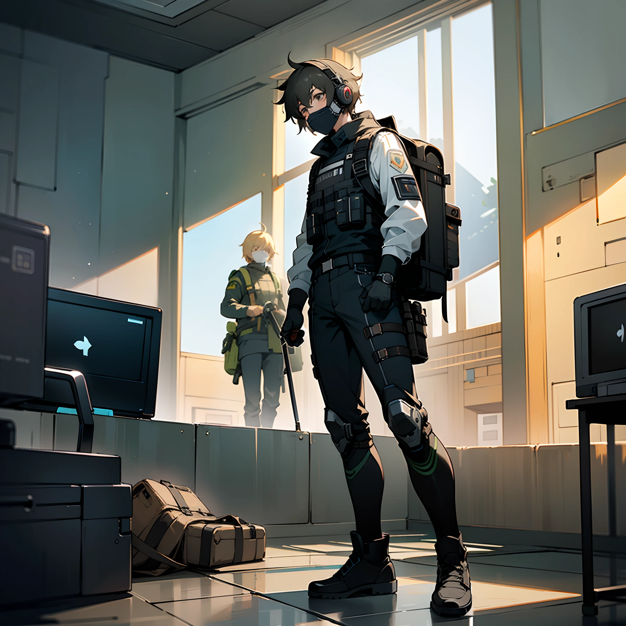 ((high quality)), ((masterpiece)), 8k, 2boys, bulletproof vest, light rays, extremely detailed CG unity 8k wallpaper, game cg, looking at viewer, boots, full body, watch, computer, mask, drone, holding weapon, headphones, jacket, bag, backpack,