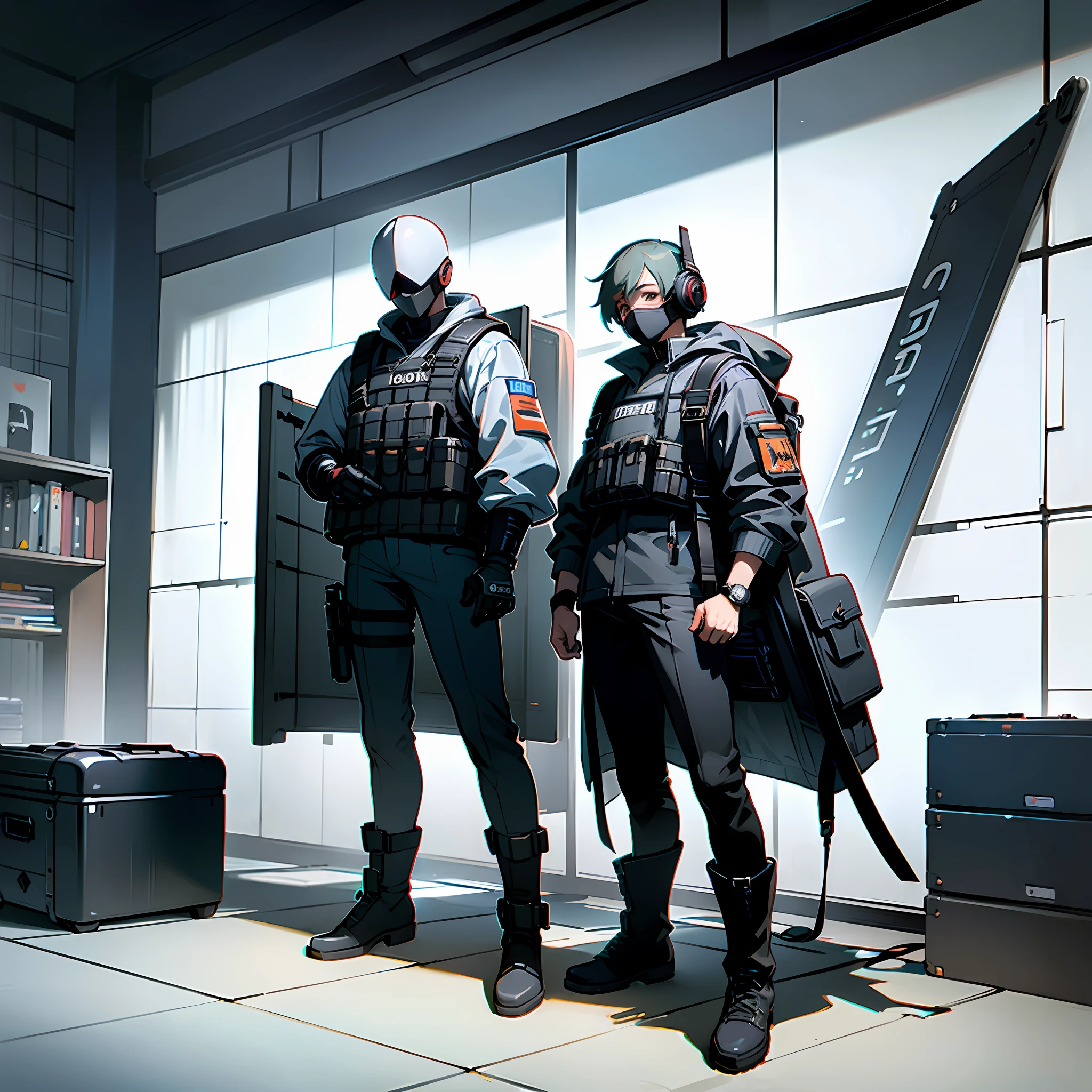 ((high quality)), ((masterpiece)), 8k, 2boys, bulletproof vest, light rays, extremely detailed CG unity 8k wallpaper, game cg, looking at viewer, boots, full body, watch, computer, mask, drone, holding weapon, headphones, jacket, bag, backpack,