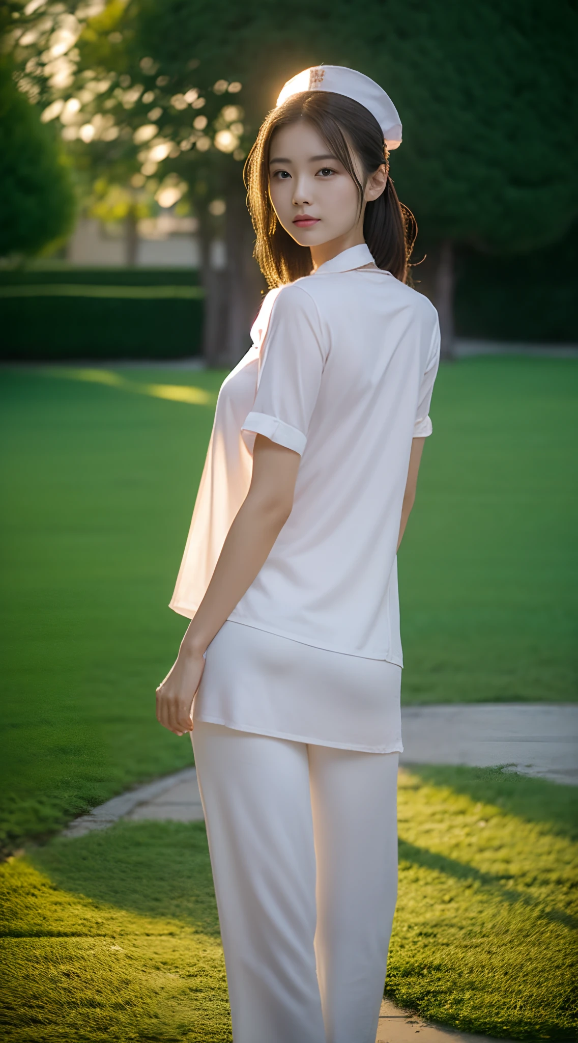 1 beautiful woman taking pictures on the grass of the villa,RAW photos,tmasterpiece,(highdetailskin:1.2),8k ultra high definition,digital SLR camera,gentlesoftlighting,high high quality,filmgrain,富士XT3,20 years old Asian woman,Wear simple clothes,(White long nurse uniform:1.2 and long skinny jeans:0.7,Detailed clothing details:1.3),perfect body figure,Perfect breasts and nipple bulge,The legs are straight and slender,Branded stylish shoes:0.6,Super detailed facial details and skin,Fair pink face and skin,The skin is pink,with light glowing,二重まぶた,Super detailed eyes,(Gloss on lips, eyeslashes, Glossy face, Best quality, Super high resolution, warm color,Wide lighting, naturalshadow),taken from behind, Show off your sexy body and beautiful buttocks, Full body shooting: 1.8