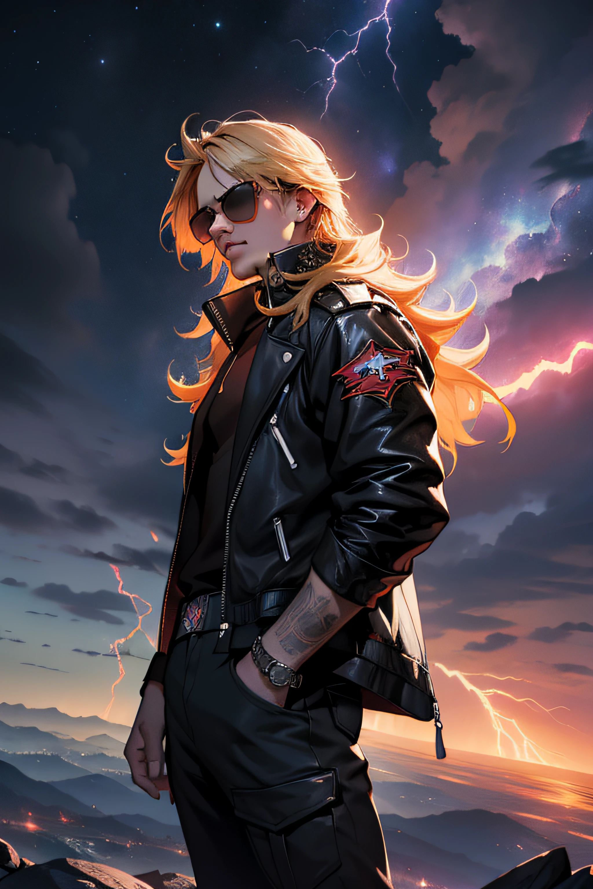 1 solo Axl Rose com as roupas terno social preto, with sunglasses, raios ao redor de si, thunders, thunders , cabelo blond, roupas pretas, vestes pretas, Nebula and smoke, pano preto, both hands together holding a lightning bolt, a thunder, tempo fechado, tempo nublado, Tempo escuro, Cidade, raios ao redor , com o planeta terra no fundo, and lightning in the hand