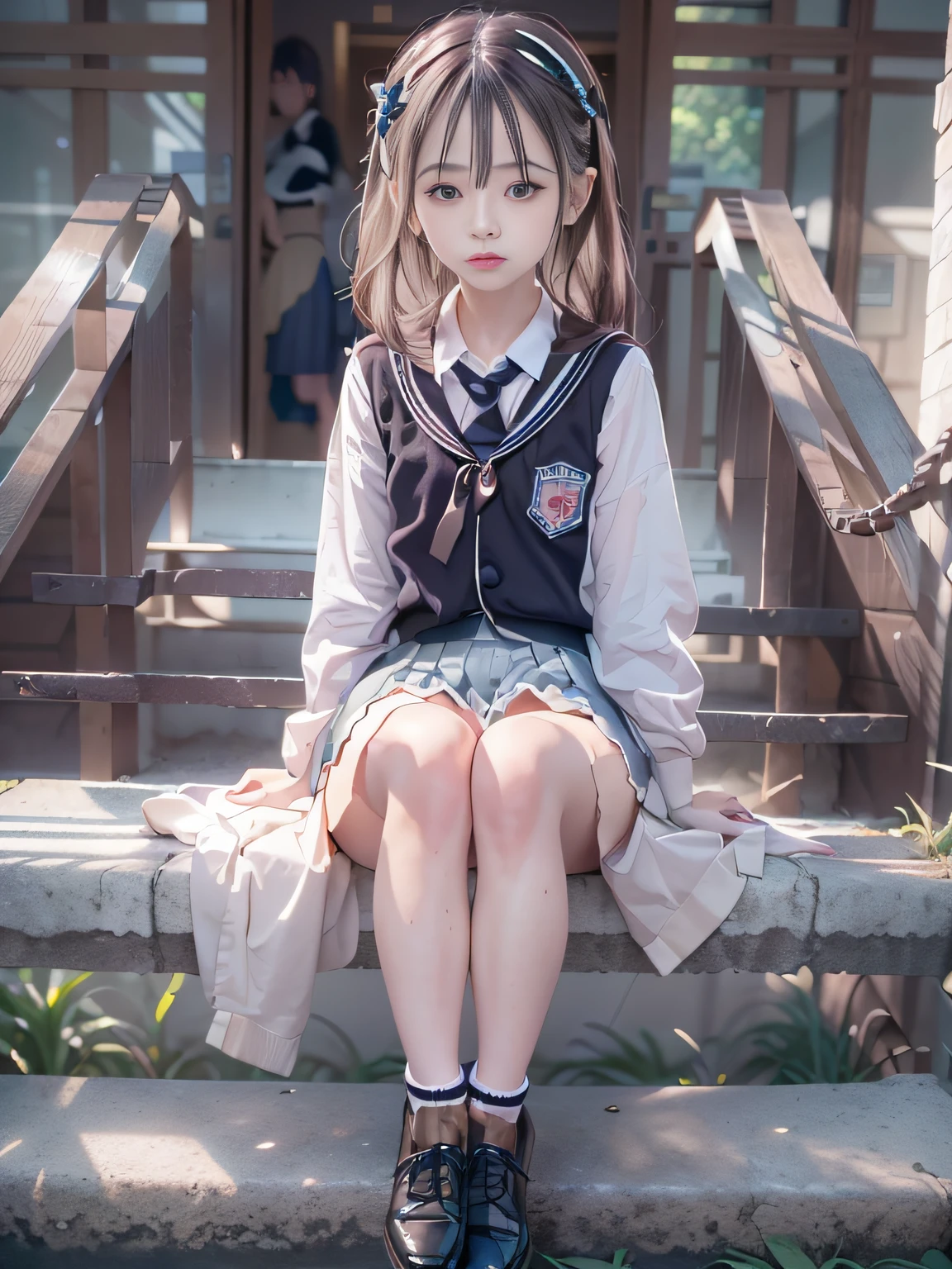 retinas, masutepiece, ccurate, Anatomically correct, Textured skin, Super Detail, high details, High quality, awardwinning, Best Quality, hight resolution, Close up of girl in 8k dress and shirt, loose coat collar sailor uniform, thin head,magical school student uniform, japanese girl school uniform, , Cute dress, katelynn mini cute style, dressed with long fluent clothes, School uniform, magic school uniform, black and white clothes, Stylish dress, school girl in gothic dress, Black Quick, Elegant clothes,((small tits,Thin leg,skinny thigh)),slim figure,extremely detailed eye and face、beatiful detailed eyes,Beautiful skins,finely detail、Very smooth hair,detailed hairs,Very fine hairs,Young shiny hair,(Knee-length skirt:1.7),((skirt rift:1.6)),1girl in,small tits,Thin leg,独奏,Wearing underwear,Smaller face,realistic facial expression,(Face to feel:1.6),Enchanted,Nasty look,(o-face:1.4),Functional,milky skin,Soft lips,Raw photo,Expression in love,Shyness,Longing for love,Sex appeal in girls,The smell of sex appeal,Color makeup,Lowered eyebrows、Whitening effect,Soft lighting,Backgrounds suitable for students,
