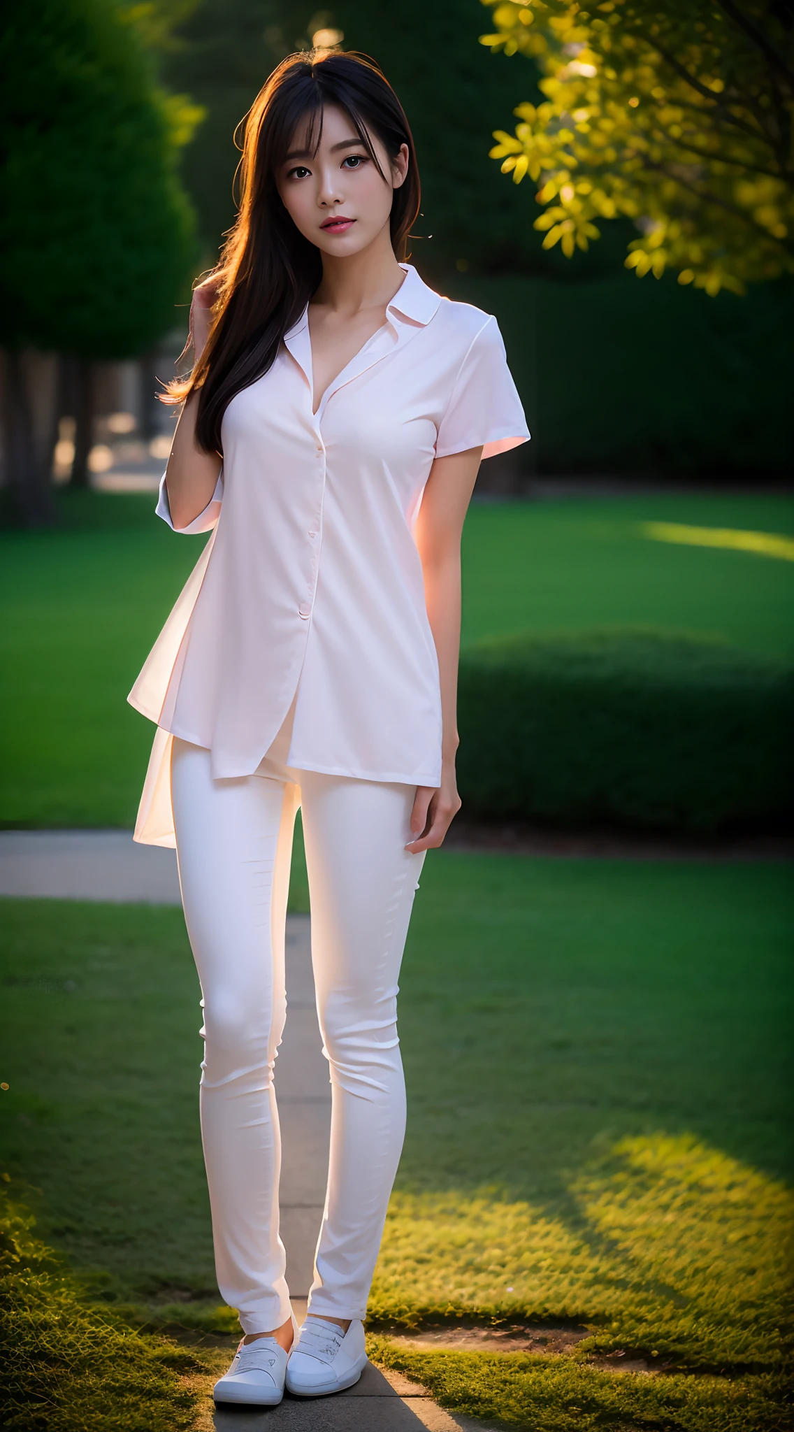 1 beautiful woman taking pictures on the grass of the villa,RAW photos,tmasterpiece,(highdetailskin:1.2),8k ultra high definition,digital SLR camera,gentlesoftlighting,high high quality,filmgrain,富士XT3,20 years old Asian woman,Wear simple clothes,(White long nurse uniform:1.2 and long skinny jeans:0.7,Detailed clothing details:1.3),perfect body figure,Perfect breasts and nipple bulge,The legs are straight and slender,Branded stylish shoes:0.6,Super detailed facial details and skin,Fair pink face and skin,The skin is pink,with light glowing,二重まぶた,Super detailed eyes,(Gloss on lips, eyeslashes, Glossy face, Best quality, Super high resolution, warm color,Wide lighting, naturalshadow),taken from behind, Show off your sexy body and beautiful buttocks, Full body shooting: 1.8