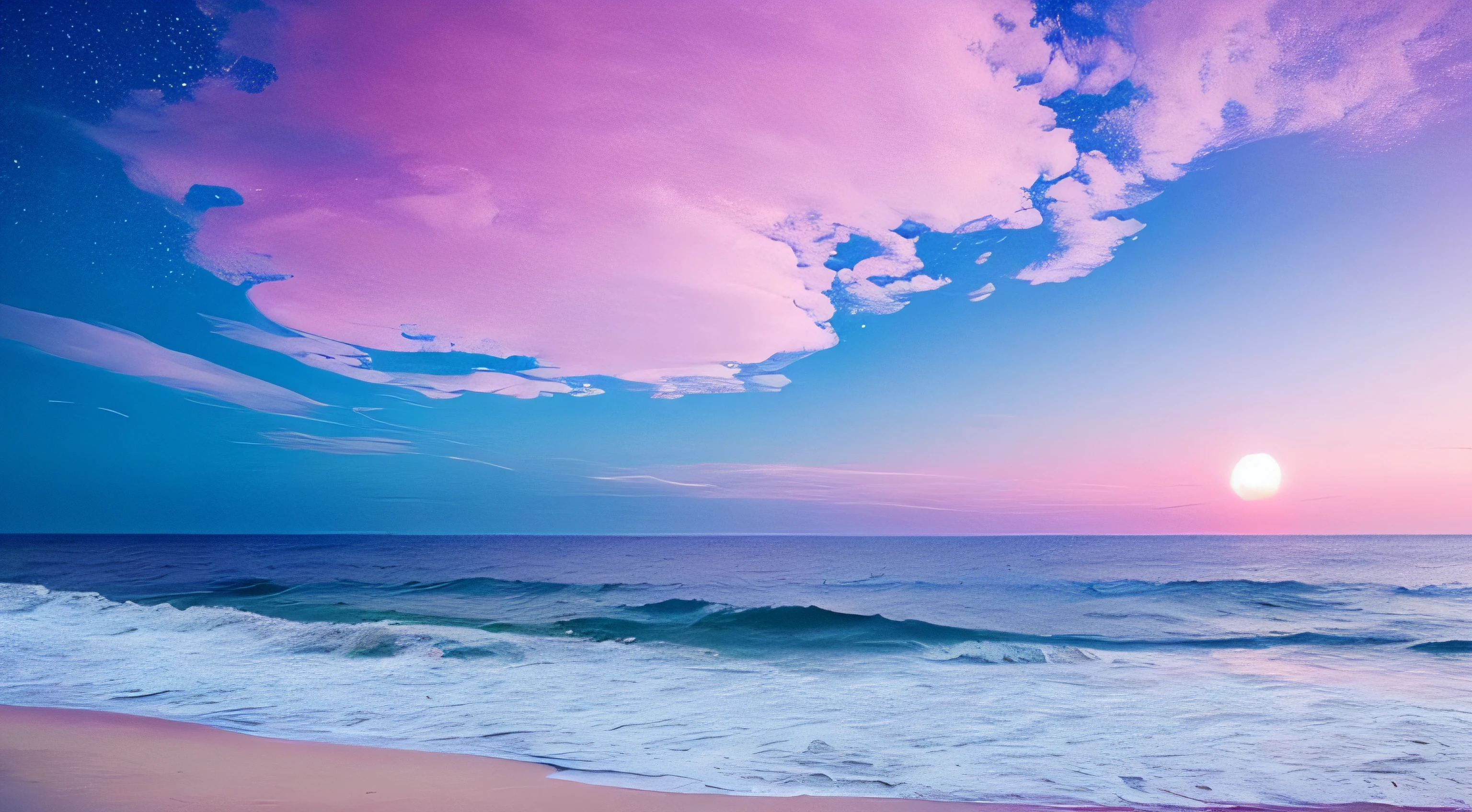 Pink moon, pink sky, soft pink clouds, pink ocean waves sparkling, sparkling, pink roses on pink ocean, fantasy, diamond, crown, universe, soft lights,