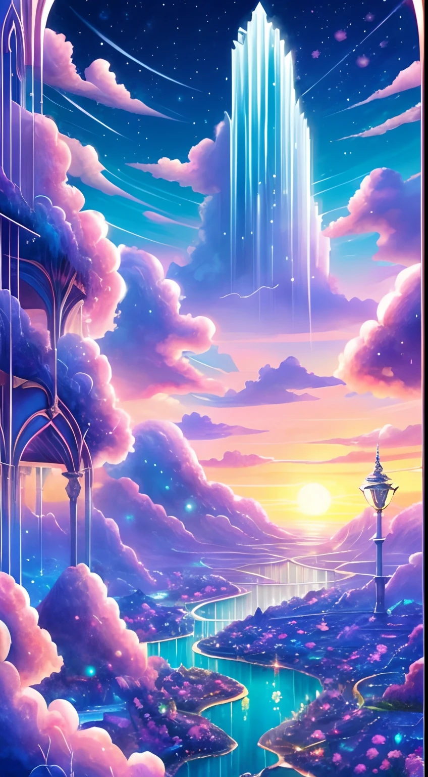 Envision a mesmerizing scene of a magnificent realm of romantic dreams. The environment is filled with intricate floating islands, fluffy clouds, waterfalls cascading from the floating islands, and a vibrant, surreal atmosphere. The atmosphere is filled with a sense of wonder and tranquility. Include many shades of pink in the image along with other vibrant jewel-toned hues. This scene will be depicted in an anime-style illustration, with soft lines, pastel colors, and a whimsical touch. All buildings are extremely detailed and elegant. The artwork will capture the ethereal beauty and tranquility of the dreamlike realm, creating a sense of harmony and escape from the ordinary world. Include teal water, colorful watercolor skies, glowing elements, and many small fantasy details including iridescence, expertly created majestic landscapes, and shimmer and glimmer. Above all else, this should look like a fantasy artwork.