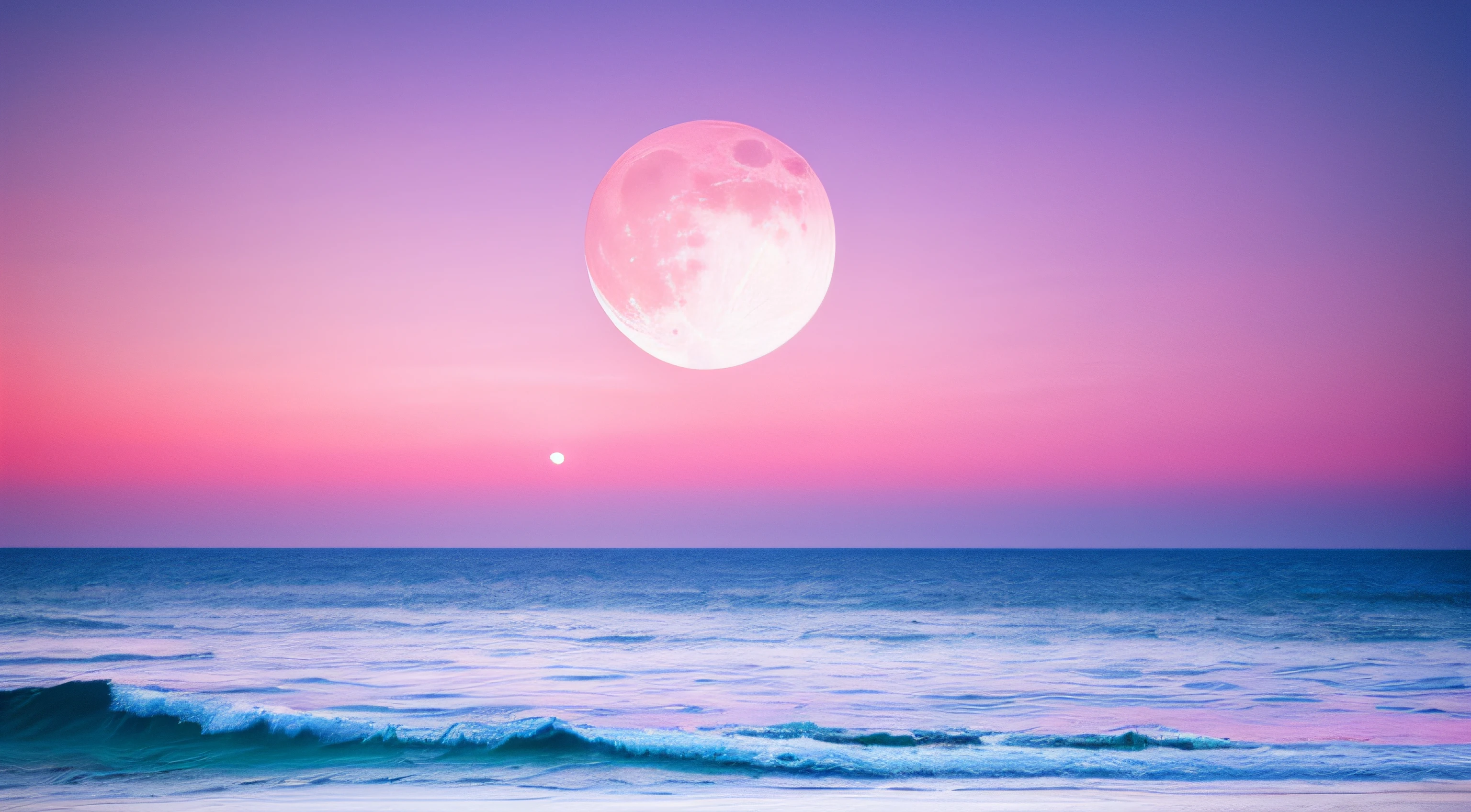 Pink moon, pink sky, soft pink clouds, pink ocean waves sparkling, sparkling, pink roses on pink ocean, fantasy, diamond, crown, universe, soft lights,