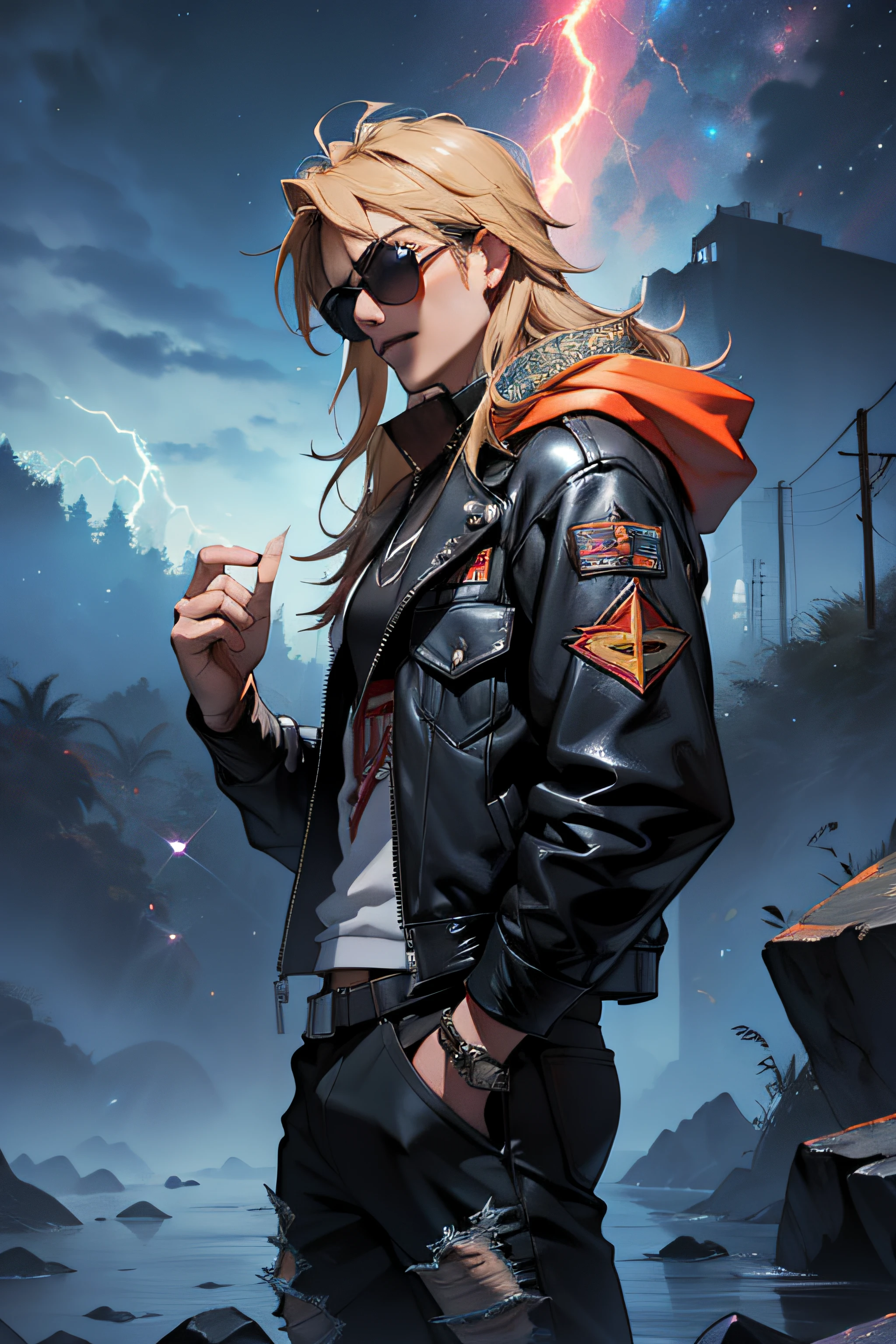 1 solo Axl Rose com as roupas terno social preto, with sunglasses, raios ao redor de si, thunders, thunders , cabelo blond, roupas pretas, vestes pretas, Nebula and smoke, pano preto, both hands together holding a lightning bolt, a thunder, tempo fechado, tempo nublado, Tempo escuro, Cidade, raios ao redor , com o planeta terra no fundo, and lightning in the hand