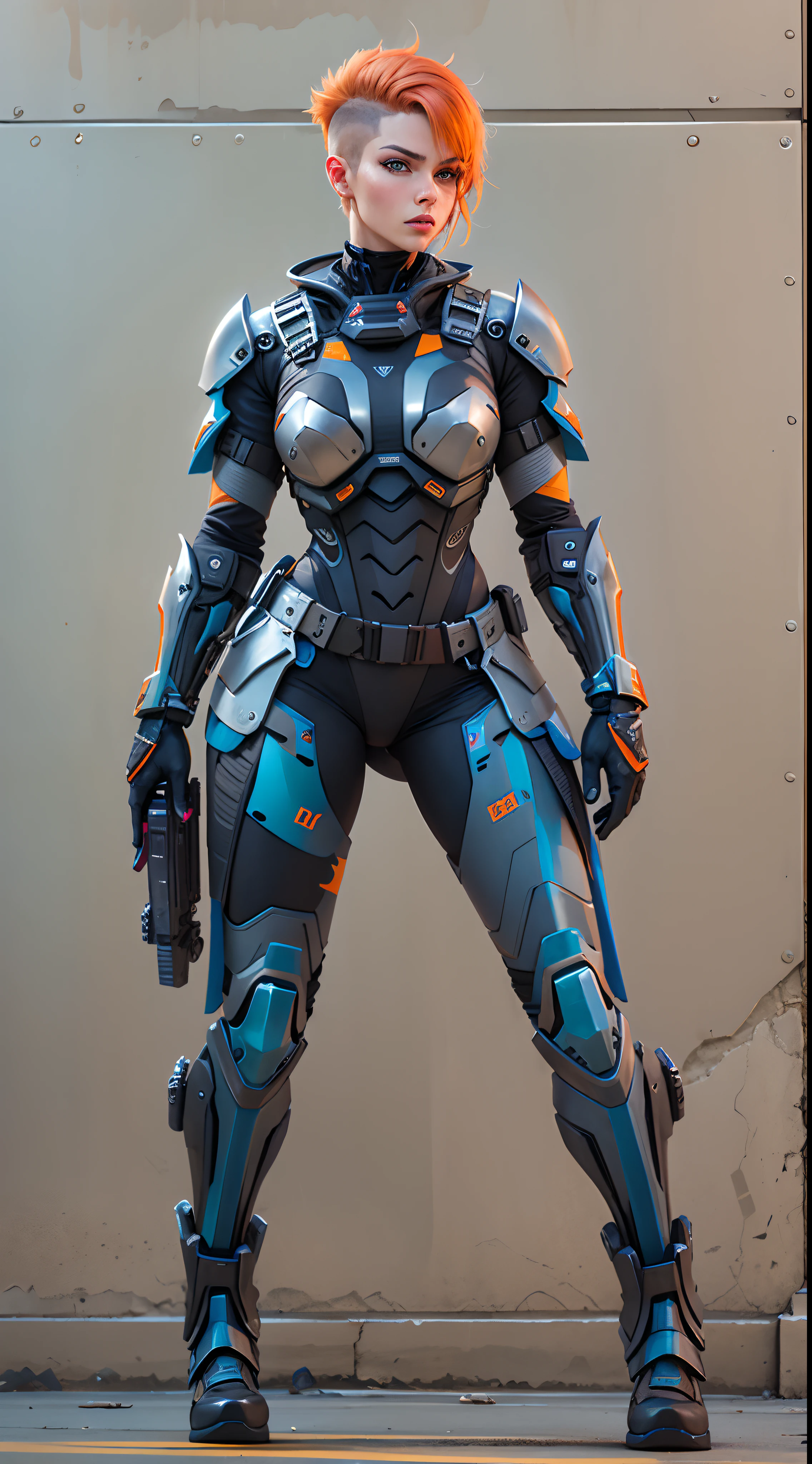 Full body shot, sharp proportion shot, Beautiful female, 26 years old, dressed in modern ballistic armor, rigid exoskeleton, proper armor, black and gray body armor, wielding a laser gun, short hair, orange hair, shaved on the sides, hyper realistic face, highly detailed, blue eyes, vivid colors, dramatic colors, vaporwave, colorful, artochrome