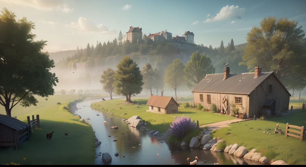 Game architecture design, cartoon, farm, stone, brick, grass, river, flowers, vegetables, wheat, trees, animals, casual play style, 3d, blender, masterpiece, super detail, best quality