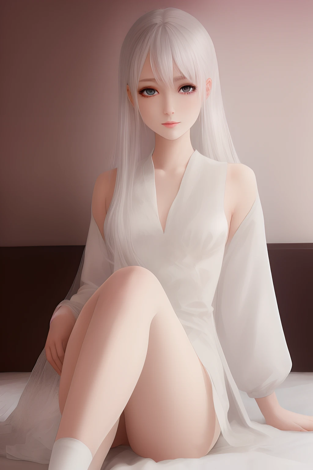 Astringent，A female character，Has an alluring expression，Long-legged white stockings，White hair，Ethereal beauty，，Beautiful anime girl sitting on bed，There are water stains on the white stockings，The face shape is petite and cute，Wearing a white one-piece thin coat，Rich background, Like a girl who loves the dimension，Long white stockings have water stains，Large chest，beautiful fantasy art，Beautiful character painting，White stockings are addictive，No panties，The large breasts outline a little groove，Right side