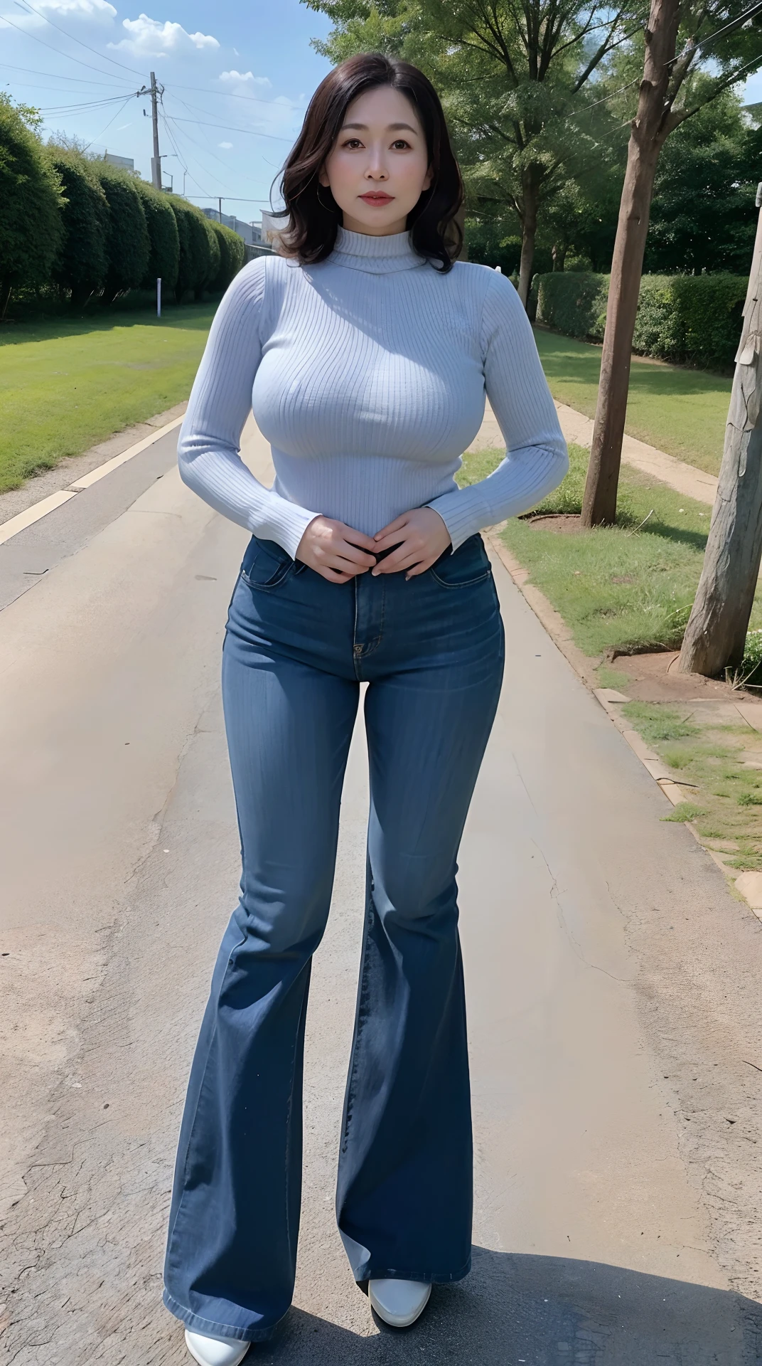 40-year-old beauty,middle aged women,Wrinkles,voluminous hair,Raised sexy,plumw,white skinned,A MILF,woman ,Auntie,Married Woman,perfect bodies,huge tit,tit,,(Light blue skinny denim flared pants),full body shot shot,frontage,exteriors,Stand naturally,facing at camera,Stand upright,Breast enlargement and buttocks,large thick legs,huge tit,Loose cuffs,white shoe,high-necksweater,huge tit,Cloth shoes