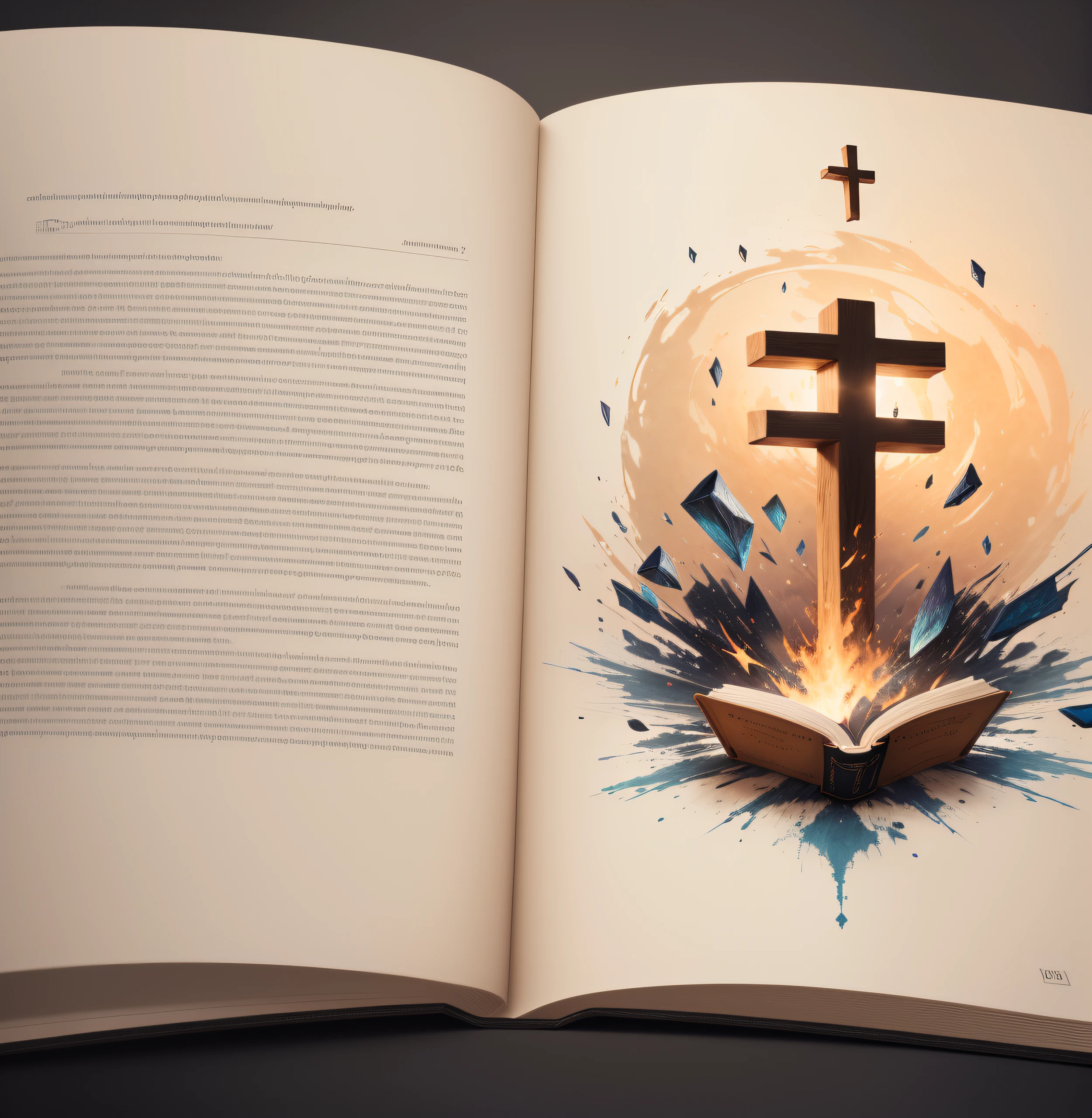 An open book with digital and technological pages. Ao redor do livro, elementos religiosos como crucifixo, vela, hand praying in blank drawing format with effects