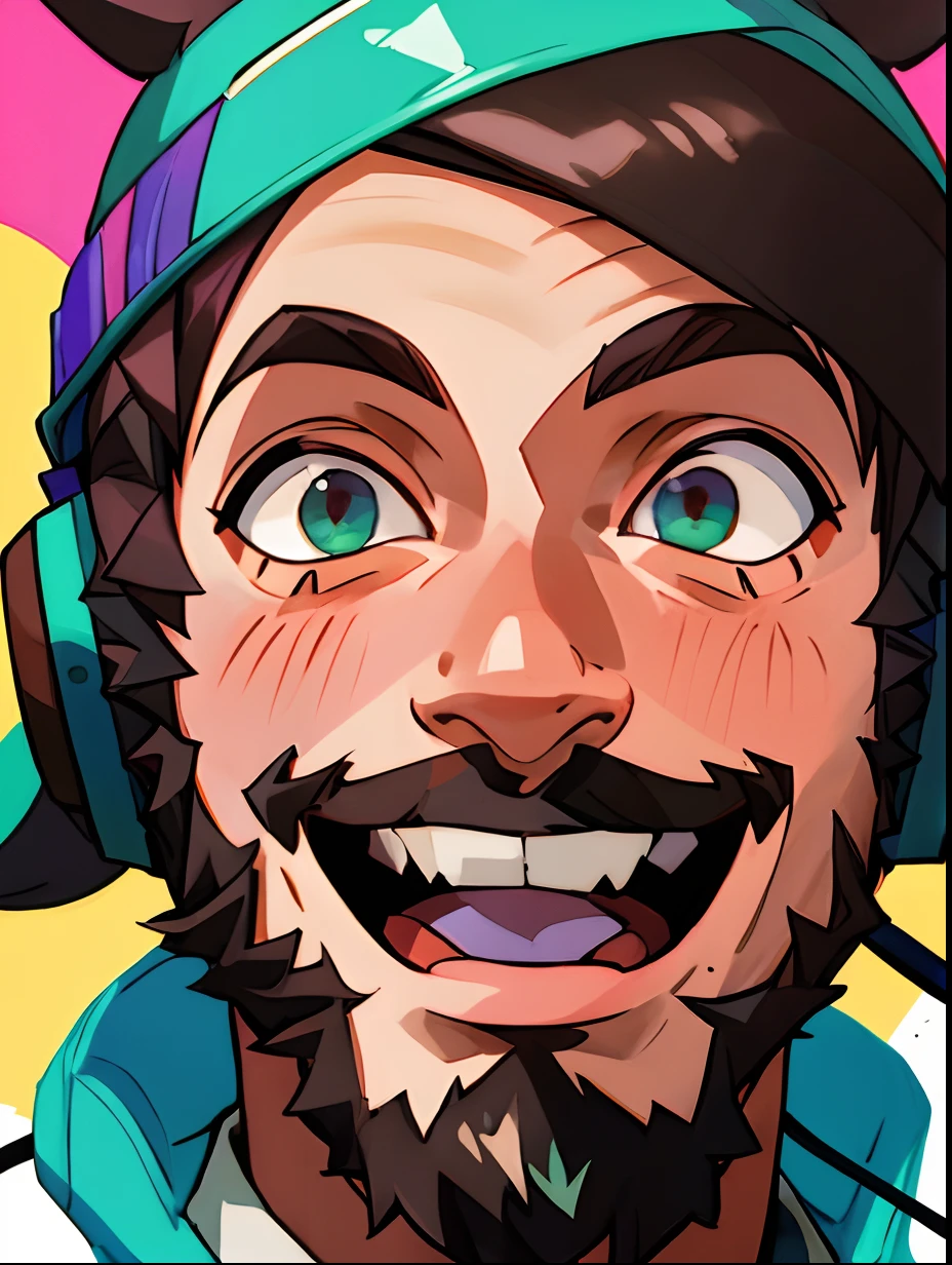 Smiling man with headphones on a plane with a remote control, um quadro inspirado em Anthony Angarola, Reddit, Hurufiyya, Streamer do Twitch / Jogador Ludwig, neckbeard, Foto de perfil do headshot, Vinny de Vinhinha, Streamer do Twitch, Sorriso doentio, Vinny Vinny Molho, muito ligeiramente sorridente, halfbody headshot, he's smiling, Jody Highroller, anime, muito bem desenhado