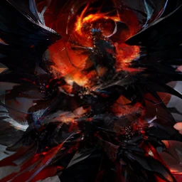 Robot, black dragon, human type, red eye, sword, fire, wings