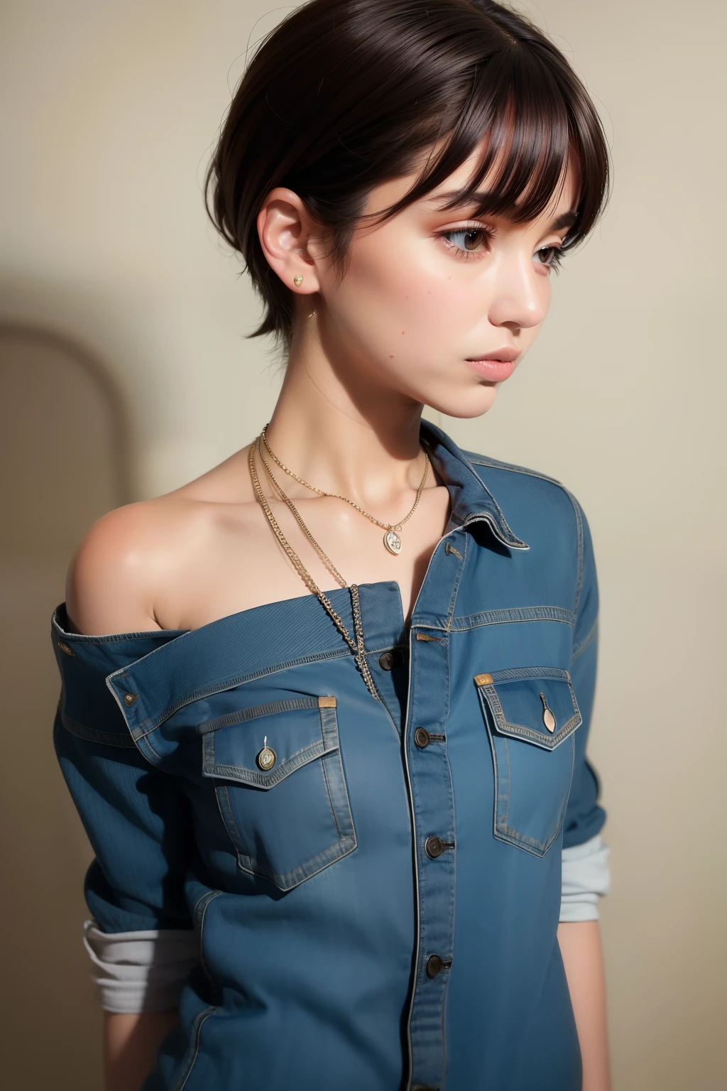 (8k, RAW photo, best quality, masterpiece:1.2), High detail RAW color photo, professional photograph, (realistic, photo-realistic:1.37), ((best quality)),
1 girl,age 18, (cinematic light:0.2), (finely detailed face:1.2), (masterpiece:1.5), (best quality:1.2),
Admiring,denim jacket, necklace, jewelry, denim, jacket, looking at viewer, tank top, upper body, simple background, unbuttoned, parted lips,small breasts,black short hair,