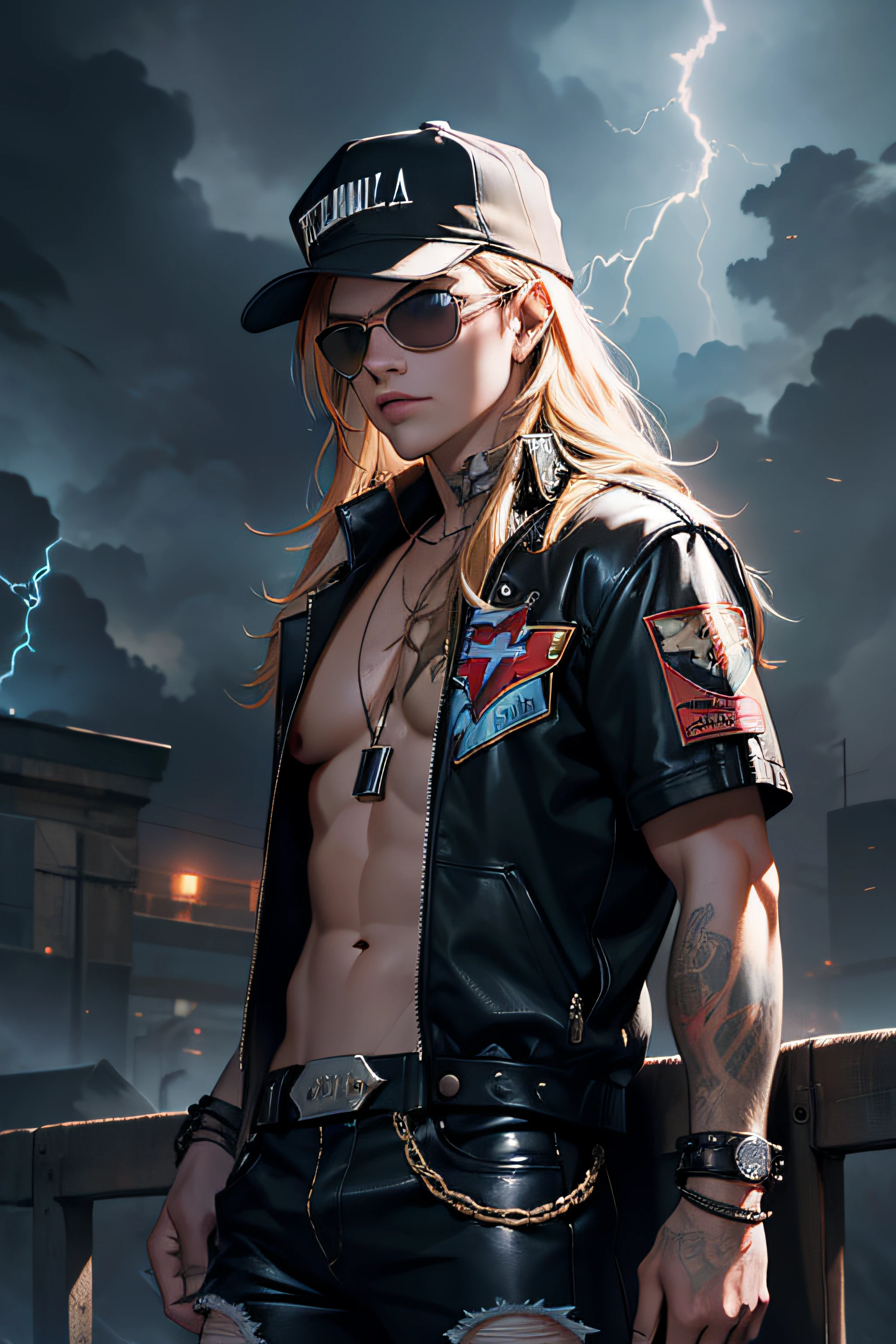 1 solo Axl Rose com as roupas de Terry Bogard pretas, with sunglasses, raios ao redor de si, thunders, thunders , cabelo blond, roupas pretas, vestes pretas, Nebula and smoke, pano preto, both hands together holding a lightning bolt, a thunder, tempo fechado, tempo nublado, Tempo escuro, Cidade, raios ao redor , com o planeta terra no fundo, and lightning in the hand
