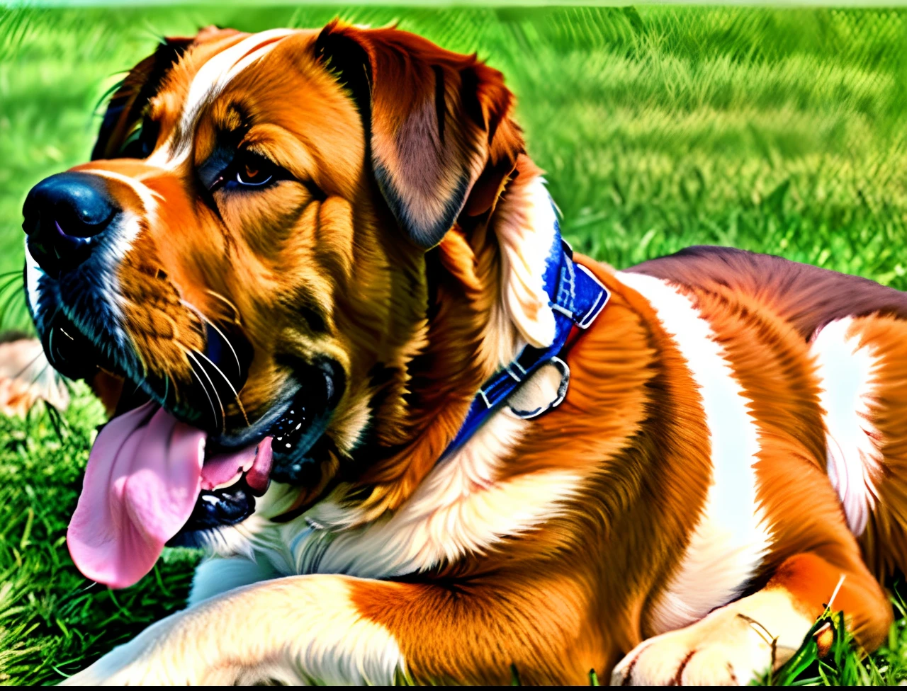 Drawing of breed dog are bernardo lying on the grass with tongue out,