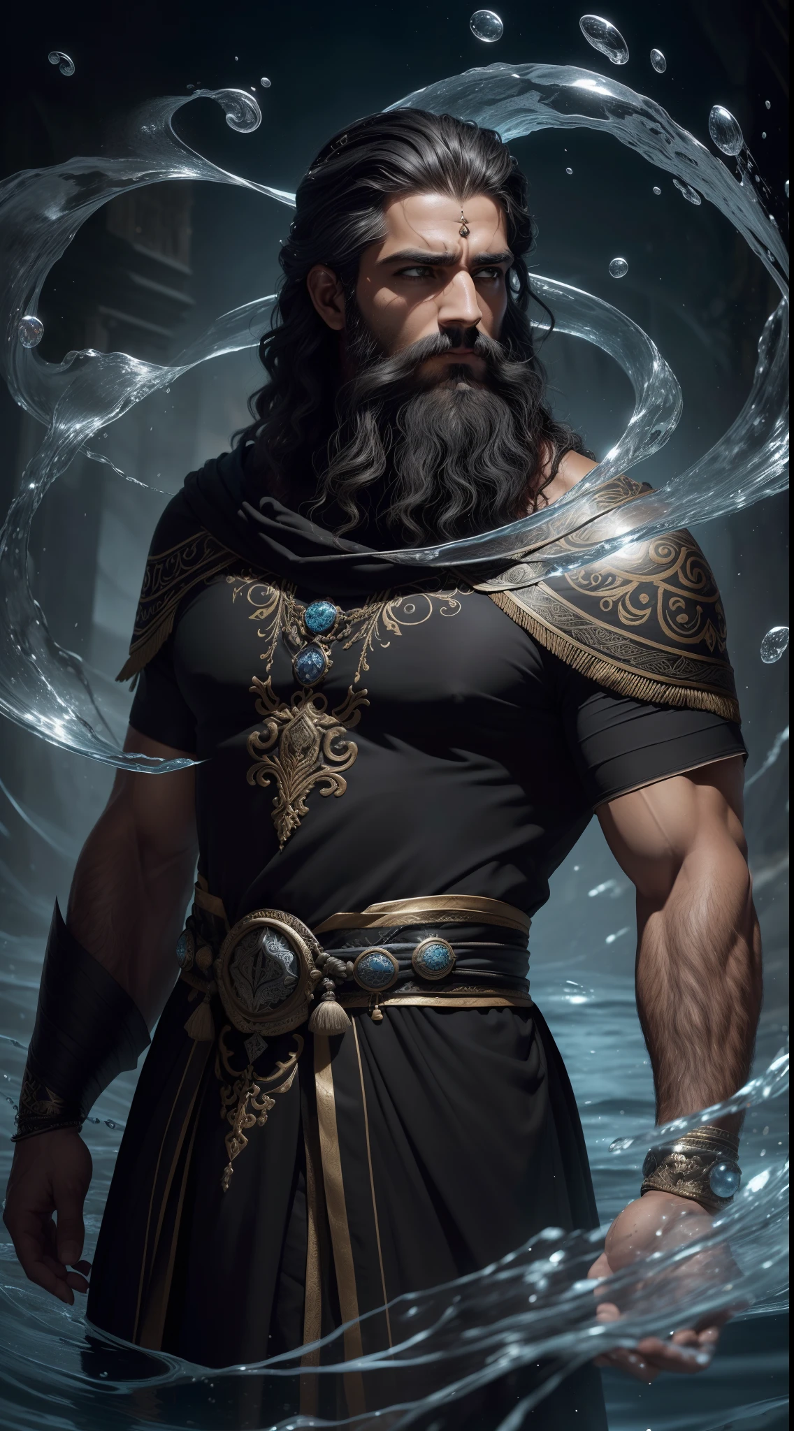 Homem (((masculino)), (retrato completo), (corpo inteiro), solo, fundo detalhado, wise, cabelo preto, Shaman, barba escura, septo duro, misterioso, deslumbrante, head tilted upwards, calma, roupas escuras, dark tunic, ornamentos tribais, safira, obsidiana, roupas detalhadas, cabelos negros, barba escura (particle floating, Swirls of water, brasas, rituais, redemoinhos, vento