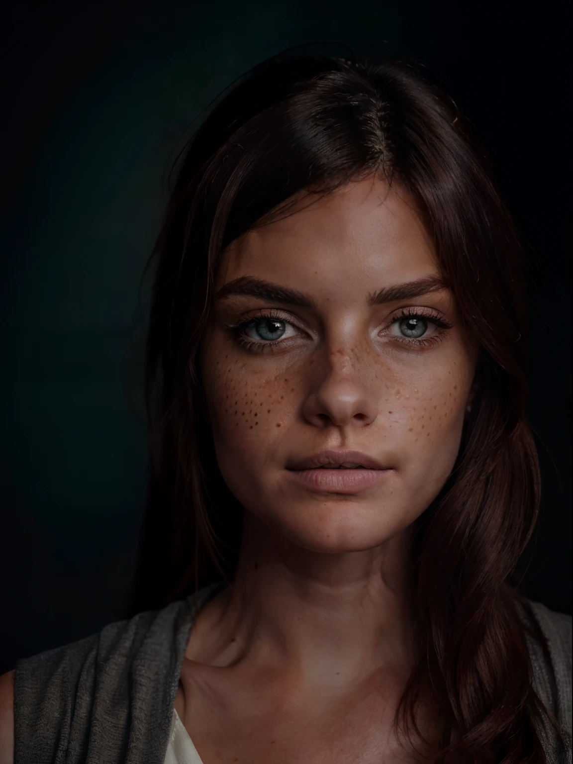 (8k, RAW photo, highest quality), beautiful girl, close up, dress, (detailed eyes:0.8), defiance512, (looking at the camera:1.4), (highest quality), (best shadow), intricate details, interior, ginger hair:1.3, dark studio, muted colors, freckle