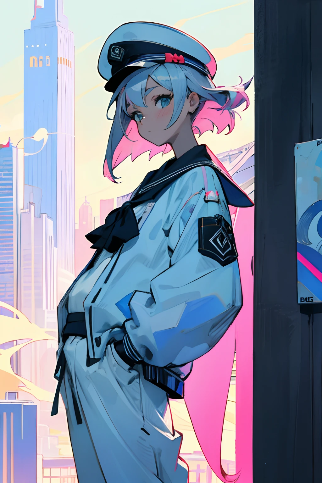 melhor qualidade, papel de parede 4K, obra-prima, extremamente detalhado CG unidade de papel de parede 8k, olhos extremamente detalhados, ultra-detalhado, detalhes intrincados, 1girl, estilo de arte retro, estilo de arte neon_pop, Public, ao ar livre, sinal de estrada, cidade,silver hair,white pant,hands in a pocket,Blue iris,top preto,barriga nua,sailor's hat