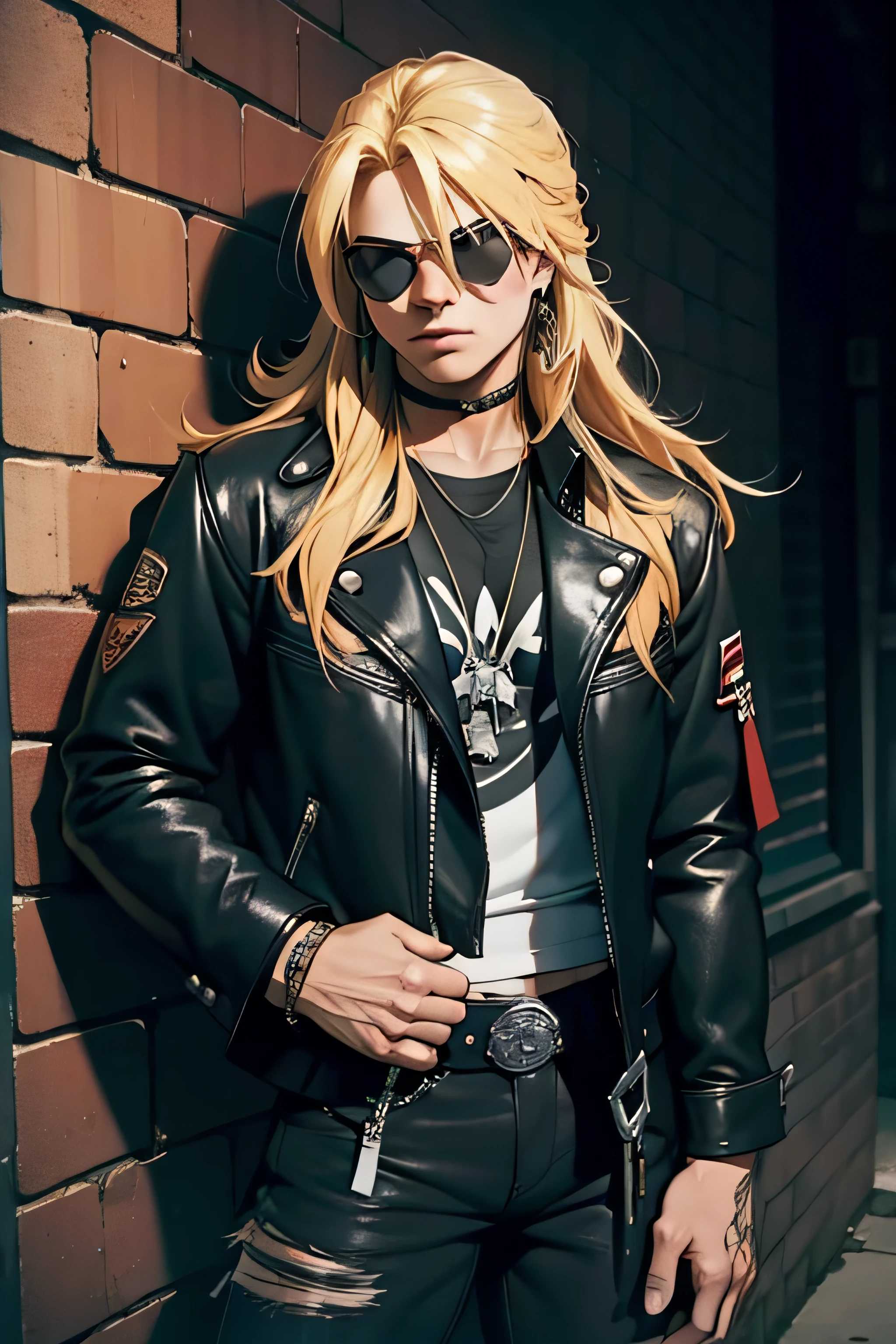 1 solo Axl Rose com roupa terno preto, cabelo blond, fundo planeta terra