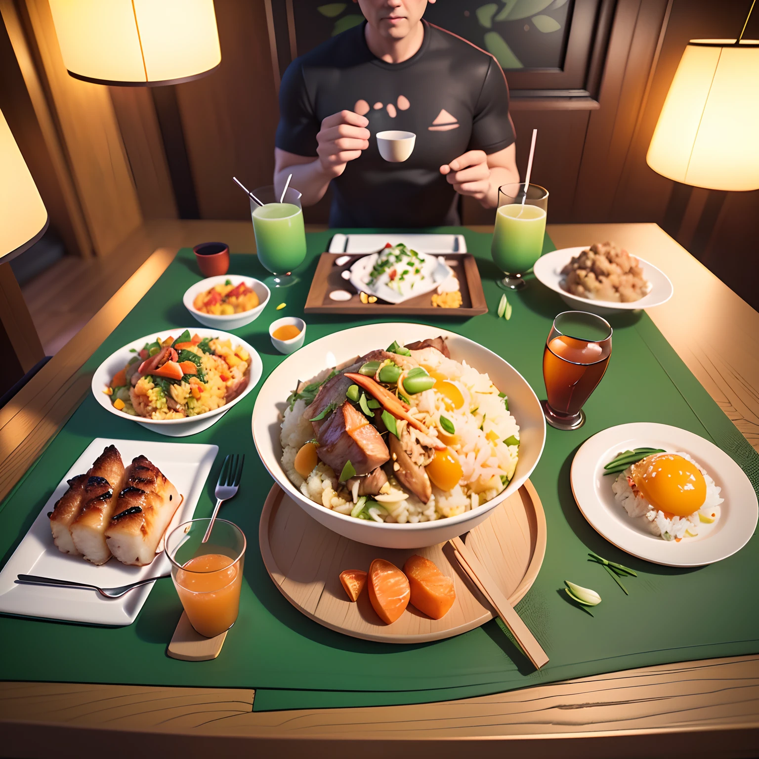 Cartoon style, game scene atmosphere map, Pixar style, orange aroma, several plates of food on the table, fried rice with green onion and egg, braised pork, steamed fish, glass drink cup, restaurant for the night, casual play style, low poly, lowpoly, best detail, 3d, masterpiece, best quality, Unreal Engine, cartoon rendering, 8K