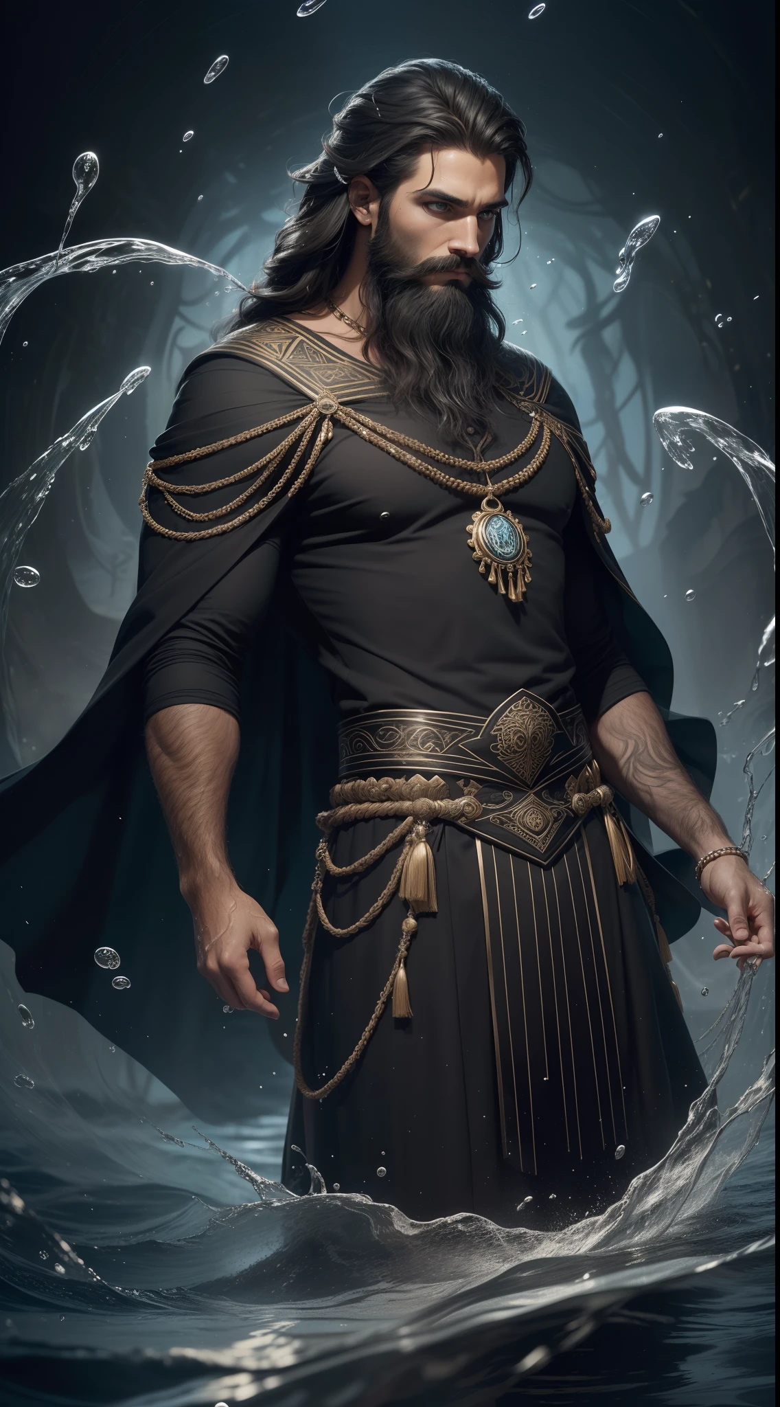 Homem (((masculino)), (retrato completo), (corpo inteiro), solo, fundo detalhado, wise, cabelo preto, Shaman, barba escura, septo duro, misterioso, deslumbrante, head tilted upwards, calma, roupas escuras, dark tunic, ornamentos tribais, safira, obsidiana, roupas detalhadas, cabelos negros, barba escura (particle floating, Swirls of water, brasas, rituais, redemoinhos, vento