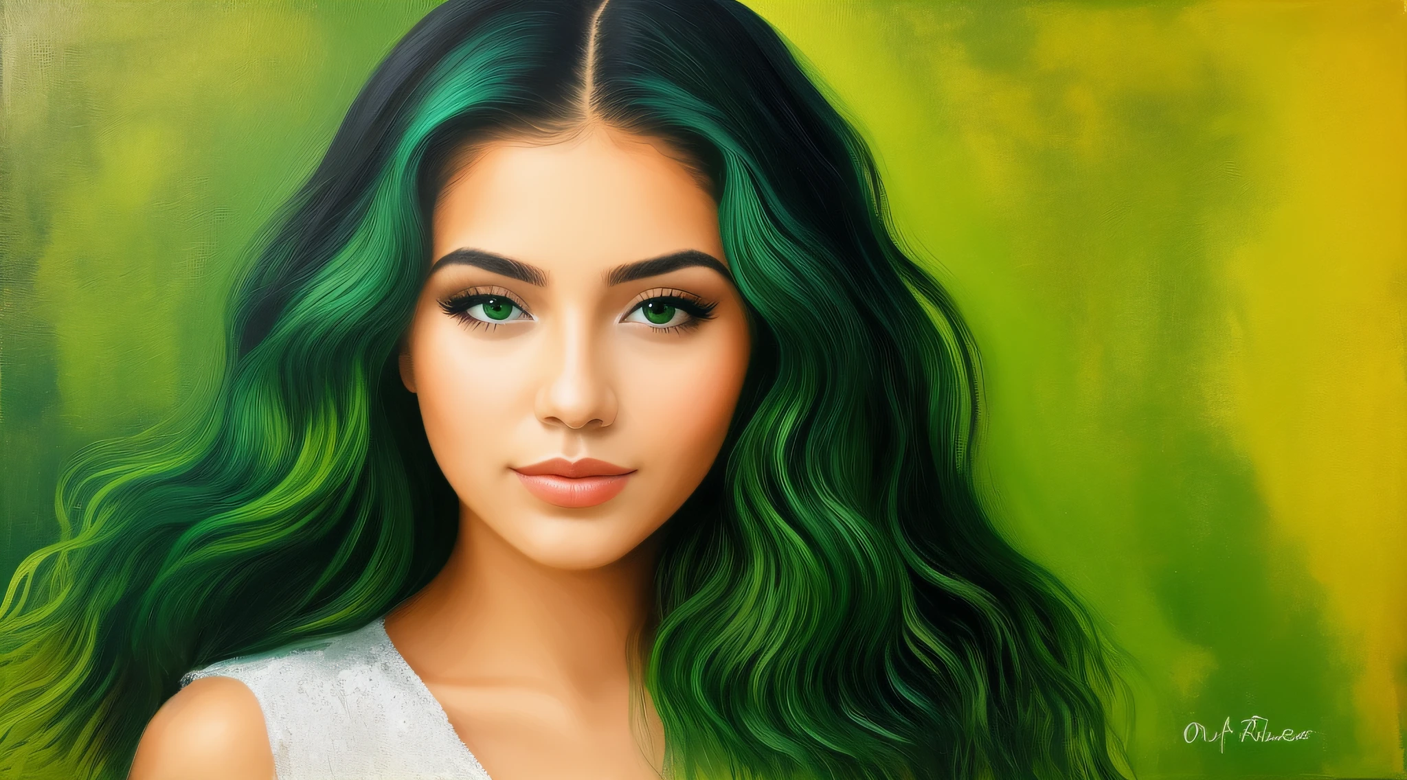 menina loira arafed com cabelo verde e olhos azuis, color studio portrait, cabelos loiros olhos verdes, Destaques verdes, cabelo verde brilhante, menina bonito, retrato colorido, cabelos verdes, tom verde claro rosto bonito, menina jovem bonito, green flowing hair, juba verde, cabelos verdes longos, menina bonita, painting digital adorable, cabelo ondulado verde, pele de cor verde!!