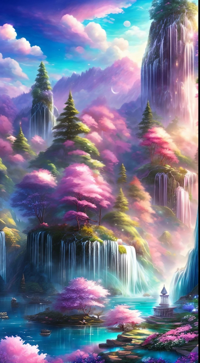 Envision a mesmerizing scene of a magnificent realm of romantic dreams. The environment is filled with intricate floating islands, fluffy clouds, waterfalls cascading from the floating islands, and a vibrant, surreal atmosphere. The atmosphere is filled with a sense of wonder and tranquility. Include many shades of pink in the image along with other vibrant jewel-toned hues. This scene will be depicted in an anime-style illustration, with soft lines, pastel colors, and a whimsical touch. All buildings are extremely detailed and elegant. The artwork will capture the ethereal beauty and tranquility of the dreamlike realm, creating a sense of harmony and escape from the ordinary world. Include teal water, colorful watercolor skies, glowing elements, and many small fantasy details including iridescence, expertly created majestic landscapes, and shimmer and glimmer. Above all else, this should look like a fantasy artwork.