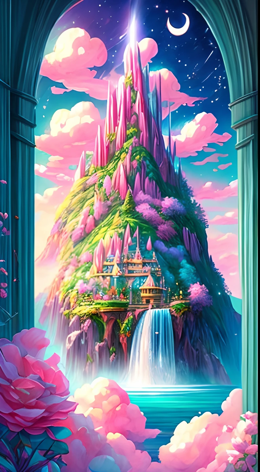 Envision a mesmerizing scene of a ((dreamy and ethereal)) realm of romantic dreams. The environment is filled with intricate floating islands, fluffy clouds, waterfalls cascading from the floating islands, and a vibrant, surreal atmosphere. The atmosphere is filled with a sense of wonder and tranquility. Include many shades of pink in the image along with other vibrant jewel-toned hues. This scene will be depicted in an anime-style illustration, with soft lines, pastel colors, and a whimsical touch. All buildings are extremely detailed and elegant. The artwork will capture the ethereal beauty and tranquility of the dreamlike realm, creating a sense of harmony and escape from the ordinary world. Include teal water, colorful watercolor skies, glowing elements, and many small fantasy details including iridescence, expertly created majestic landscapes, and shimmer and glimmer. Above all else, this should look like a fantasy artwork.