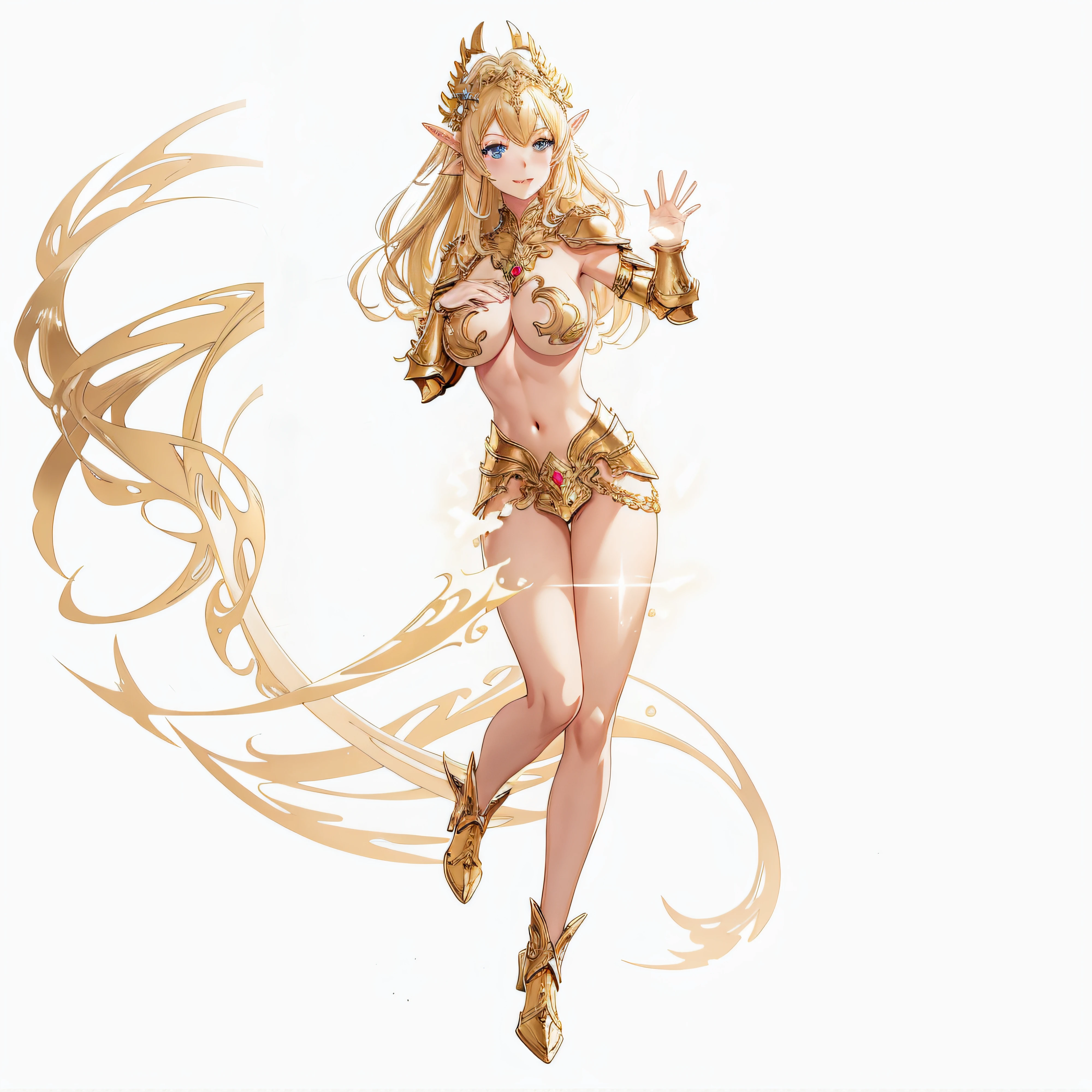 top-quality、Full body like、golden armour、fullnude、Anime girl with very big breasts posing naked、very big boobs、Hide your with your hands、elvish、no-bra、Blonde blue-eyed、Goddess smile