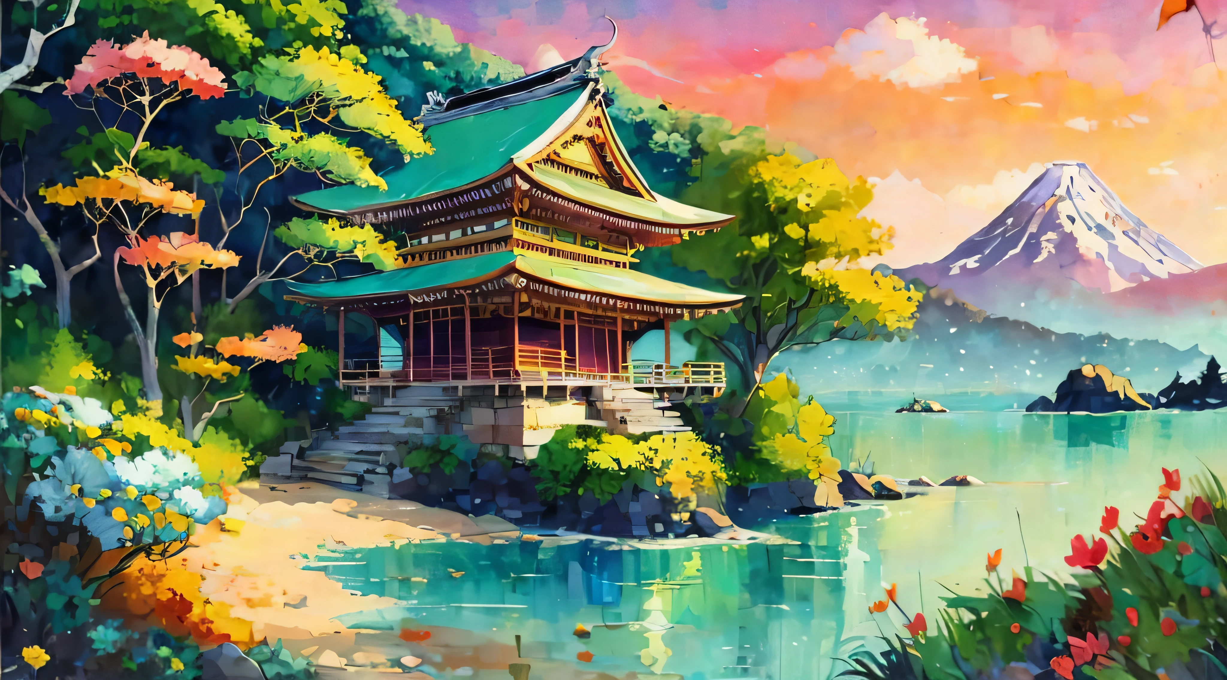(Best quality),(masterpiece),(ultra detailed),(high detailed),(extremely detailed),Subject: Anime-Inspired Scenic Gouache Paintings
Medium: Gouache paint on canvas or watercolor paper.
Canvas Size: 11x14 inches.
Color Palette: Bright and vibrant colors with a mix of warm and cool tones.
Mood: Lively, energetic, and whimsical.
Composition: Dynamic compositions with a focus on capturing the essence of the scene.
Lighting: Play with lighting effects to create a sense of depth and atmosphere.
Style: Anime-inspired with a touch of painterly realism.
Details: Include elements such as picturesque landscapes, charming buildings, colorful flora, and expressive characters.
Inspiration: Anime backgrounds, Studio Ghibli films, traditional Japanese art.
Camera Setup: None (since it's a traditional painting).
Additional Notes: Use gouache paint to achieve a blend of opaque and translucent effects, allowing for vibrant colors and smooth transitions. Start with loose sketches to plan the composition and placement of key elements. Experiment with layering and building up the paint to add depth and texture to the scenery. Pay attention to the balance of warm and cool colors to create a harmonious and captivating atmosphere. Include small details like flowing water, fluttering leaves, or distant mountains to add depth and interest to the scene. Consider incorporating elements of fantasy or magical realism, such as floating islands, mythical creatures, or whimsical architecture. Let your imagination guide you in creating enchanting anime-inspired scenic gouache paintings that transport viewers to captivating and vibrant worlds.