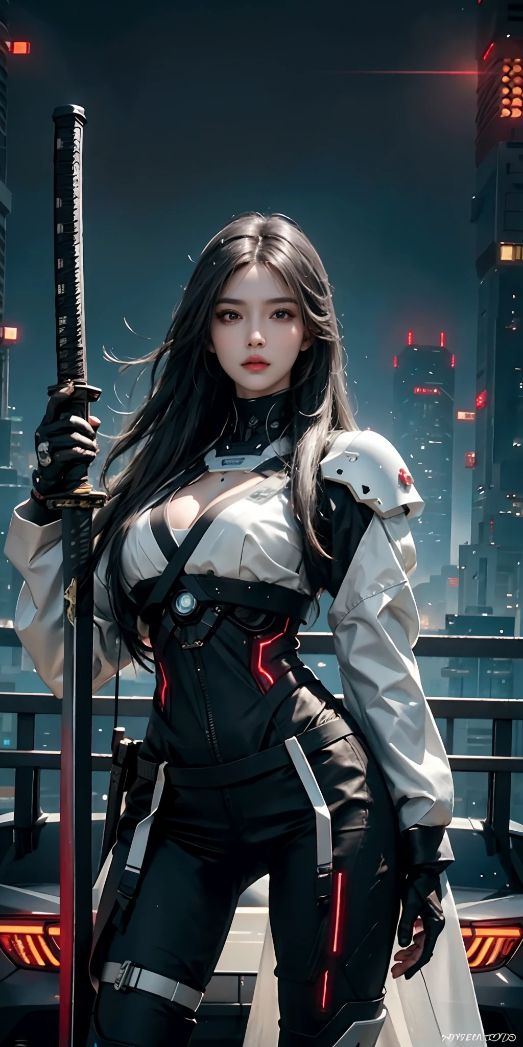 photorealistic, high resolution, soft light,1women, solo, hips up, (detailed face), white long hair, cybersamurai, cyborg, cyberpunk,  cyber armor, holding weapon,glowing,katana, city at night