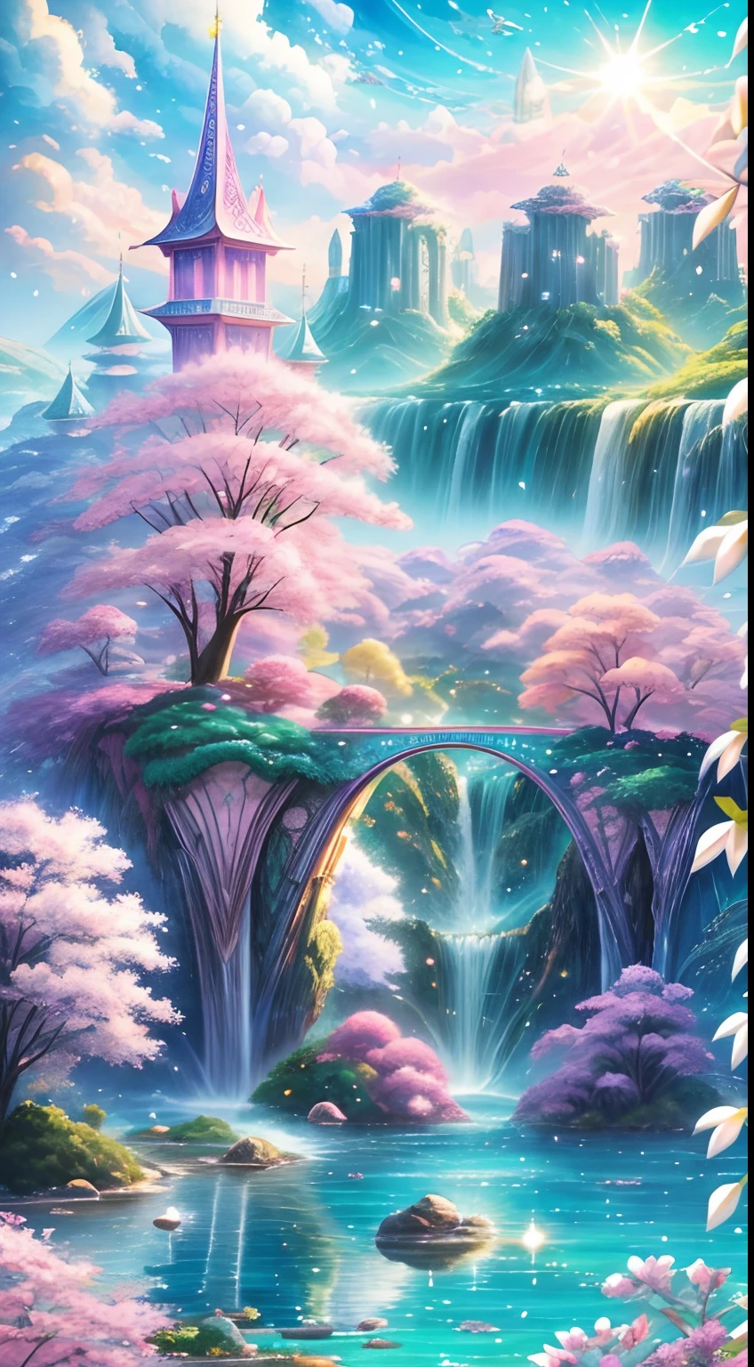 Envision a mesmerizing scene of a magnificent realm of romantic dreams. The environment is filled with intricate floating islands, fluffy clouds, waterfalls cascading from the floating islands, and a vibrant, surreal atmosphere. The atmosphere is filled with a sense of wonder and tranquility. Include many shades of pink in the image along with other vibrant jewel-toned hues. This scene will be depicted in an anime-style illustration, with soft lines, pastel colors, and a whimsical touch. All buildings are extremely detailed and elegant. The artwork will capture the ethereal beauty and tranquility of the dreamlike realm, creating a sense of harmony and escape from the ordinary world. Include teal water, colorful watercolor skies, glowing elements, and many small fantasy details including iridescence, expertly created majestic landscapes, and shimmer and glimmer. Above all else, this should look like a fantasy artwork.