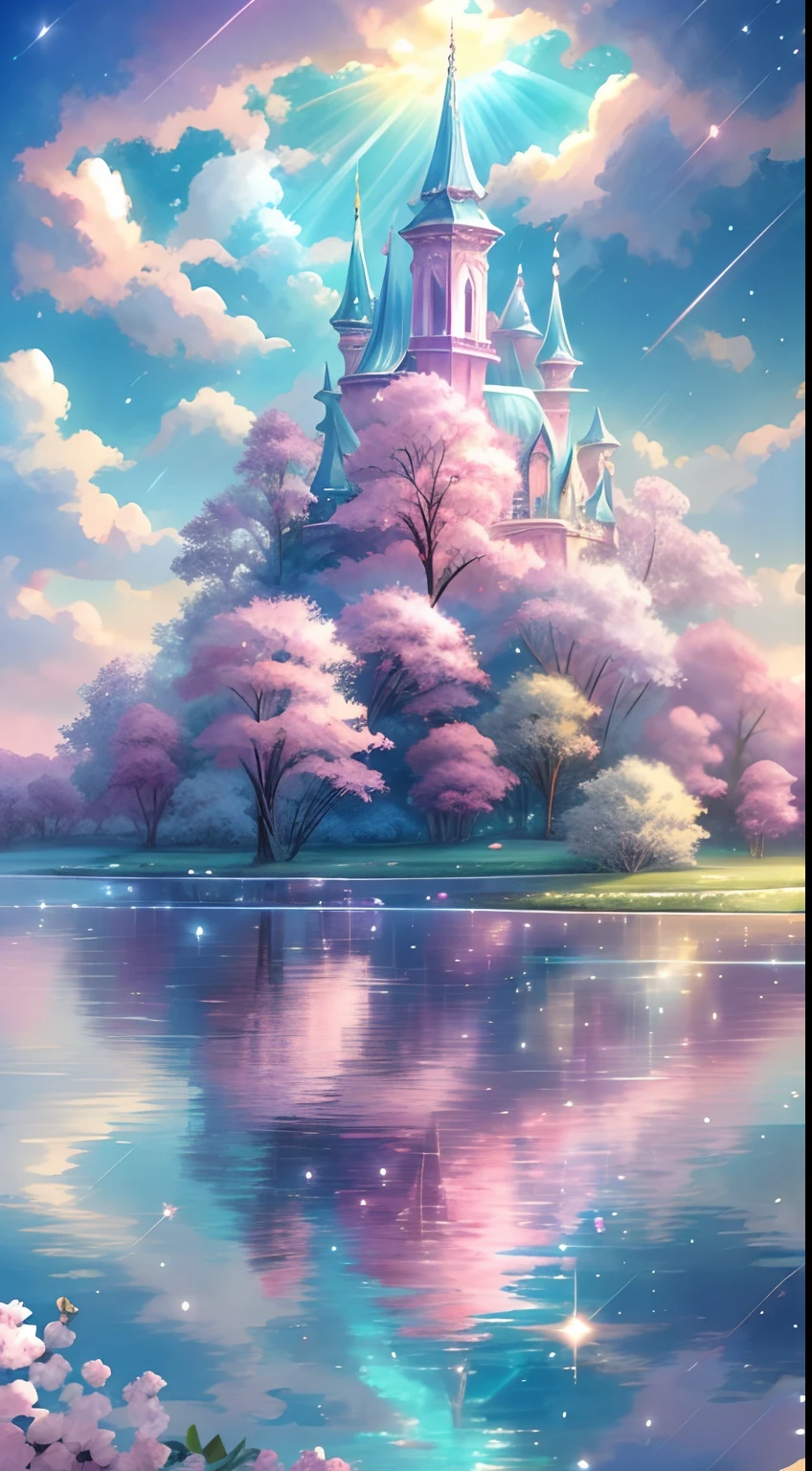 Envision a mesmerizing scene of a magnificent realm of romantic dreams. The environment is filled with intricate floating islands, fluffy clouds, waterfalls cascading from the floating islands, and a vibrant, surreal atmosphere. The atmosphere is filled with a sense of wonder and tranquility. Include many shades of pink in the image along with other vibrant jewel-toned hues. This scene will be depicted in an anime-style illustration, with soft lines, pastel colors, and a whimsical touch. All buildings are extremely detailed and elegant. The artwork will capture the ethereal beauty and tranquility of the dreamlike realm, creating a sense of harmony and escape from the ordinary world. Include teal water, colorful watercolor skies, glowing elements, and many small fantasy details including iridescence, expertly created majestic landscapes, and shimmer and glimmer. Above all else, this should look like a fantasy artwork.