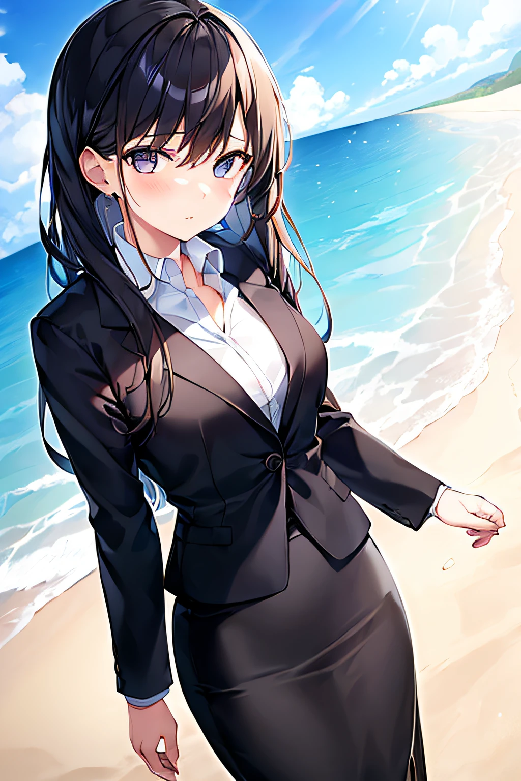 1girl, suit, beach, black skirt, black blazer, pencil skirt, long skirt,