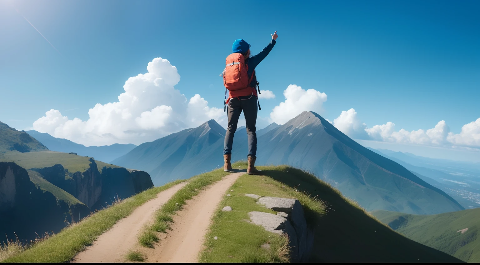 Draw an illustration of a person on top of a mountain, Looking to the horizon with determination. The person is dressed in adventure clothes, como uma jaqueta resistente e botas de caminhada, symbolizing the willingness to face challenges.
Ao redor da pessoa, There are trails that indicate the arduous path that was taken to reach the top. These trails can represent metaphors for life's journey, full of obstacles and choices to be made.
in sky, there's a bright sun, representando a luminosidade do sucesso e da conquista. One looks to the horizon with confidence and determination, Knowing that fate is not a matter of luck, rather, it is the result of intentional choices and consistent efforts.
This illustration represents the message that the destination is not something to be passively expected, rather, something that can be achieved through conscious choices and deliberate actions;. It inspires the idea that we are responsible for shaping our own destiny and that perseverance and courage are key to achieving our goals.